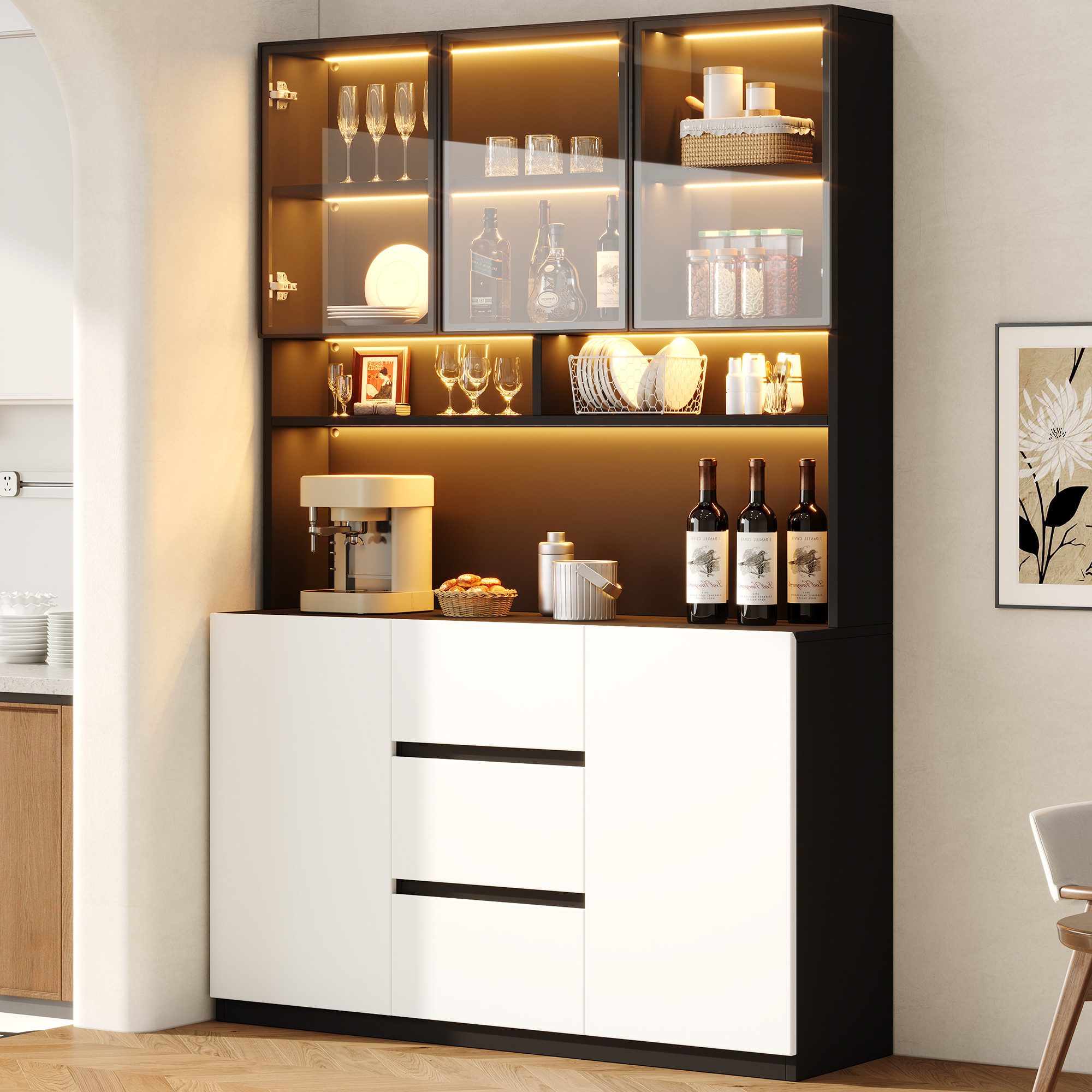 Flieks Glasvitrine multifunktionaler Hochschrank Küchenbuffet mit LED-Beleuchtung (B120xT38xH200 cm, 1-St., Wohnzimmervitrine mit verstellbarer Einlegeböden) Mehrzweckschrank Standvitrine mit grauen Glastüren Schwarz&Weiß