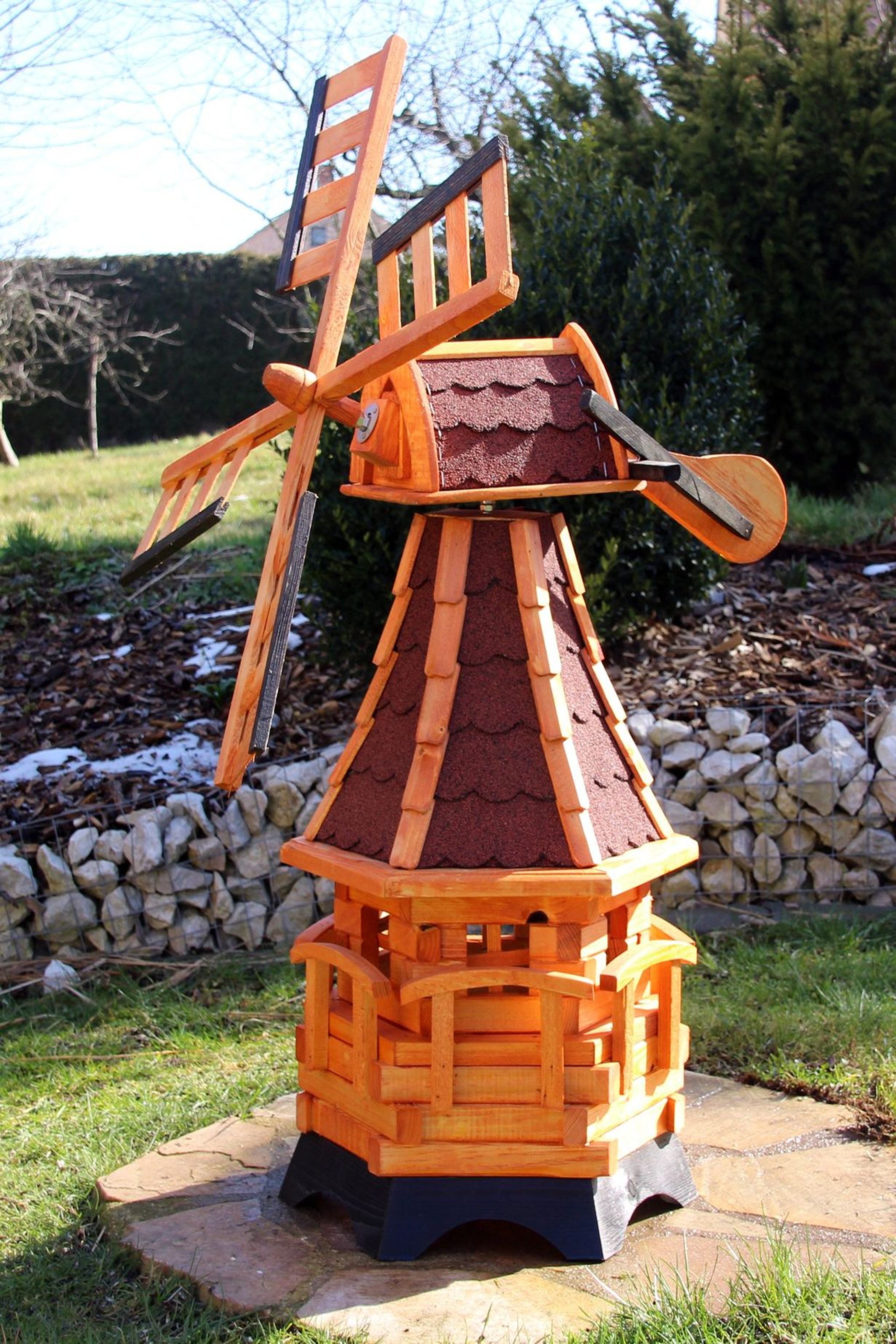 Holzdekoladen Deko-Windrad Gartenwindmühle Holz 100 cm – mit Solarlicht, drehbar
