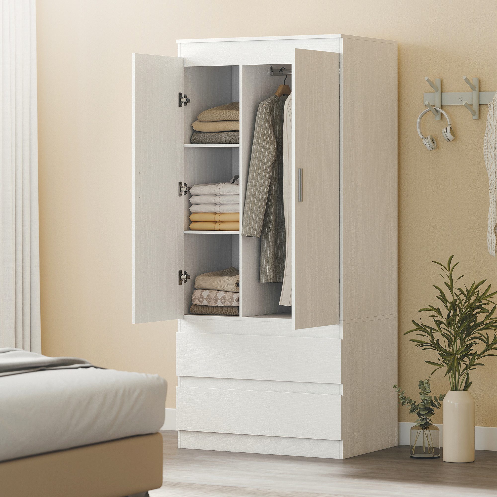 HOMCOM Kleiderschrank 2 Soft-Close-Türen, 2 Schubladen, Kleiderstange und 3 Einlegeböden (Garderobenschrank, 1-St., Schlafzimmerschrank) für Schlafzimmer, Weiß