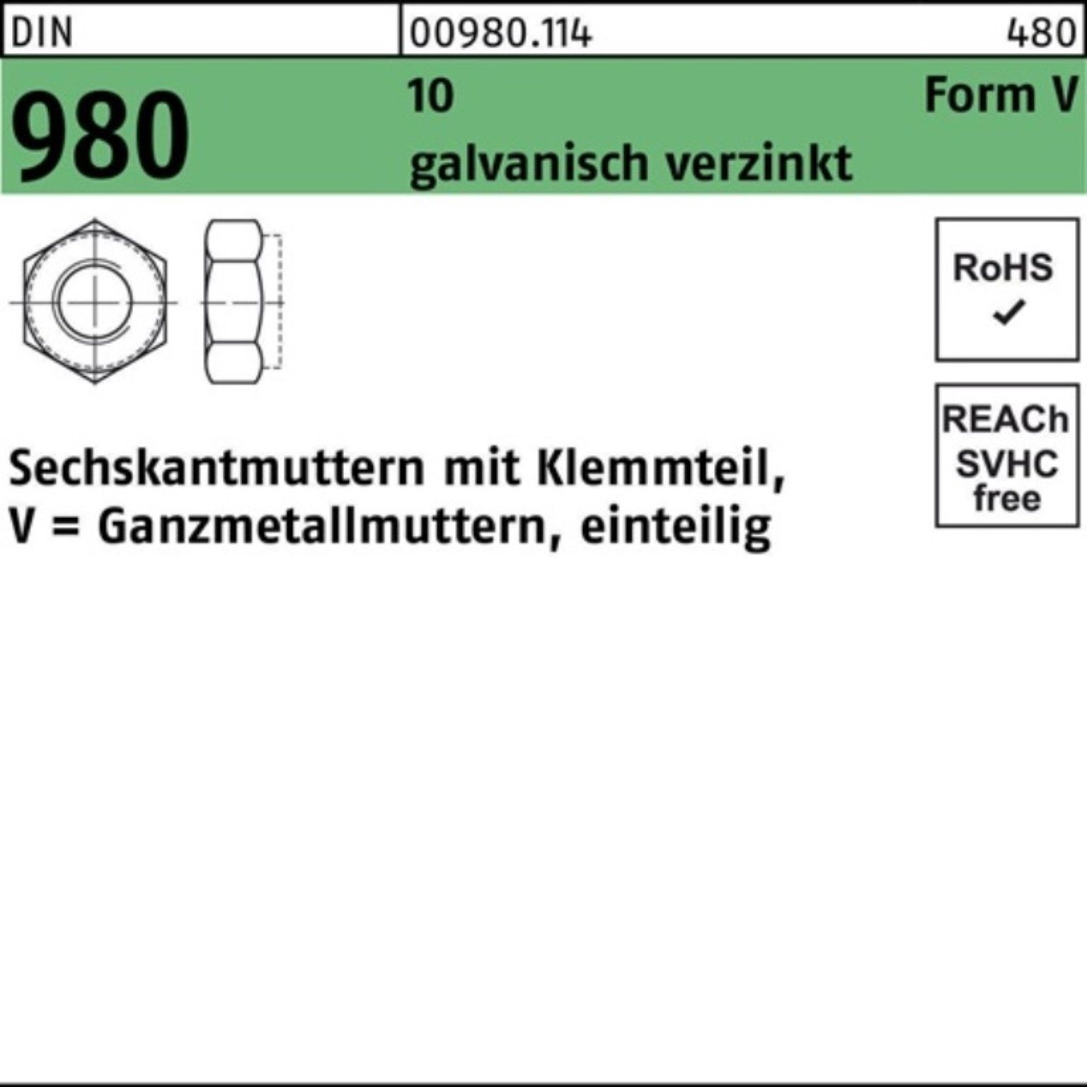 Reyher Muttern 100er Pack Sechskantmutter DIN 980 Klemmteil VM 22 10 galv.verz. 25 St