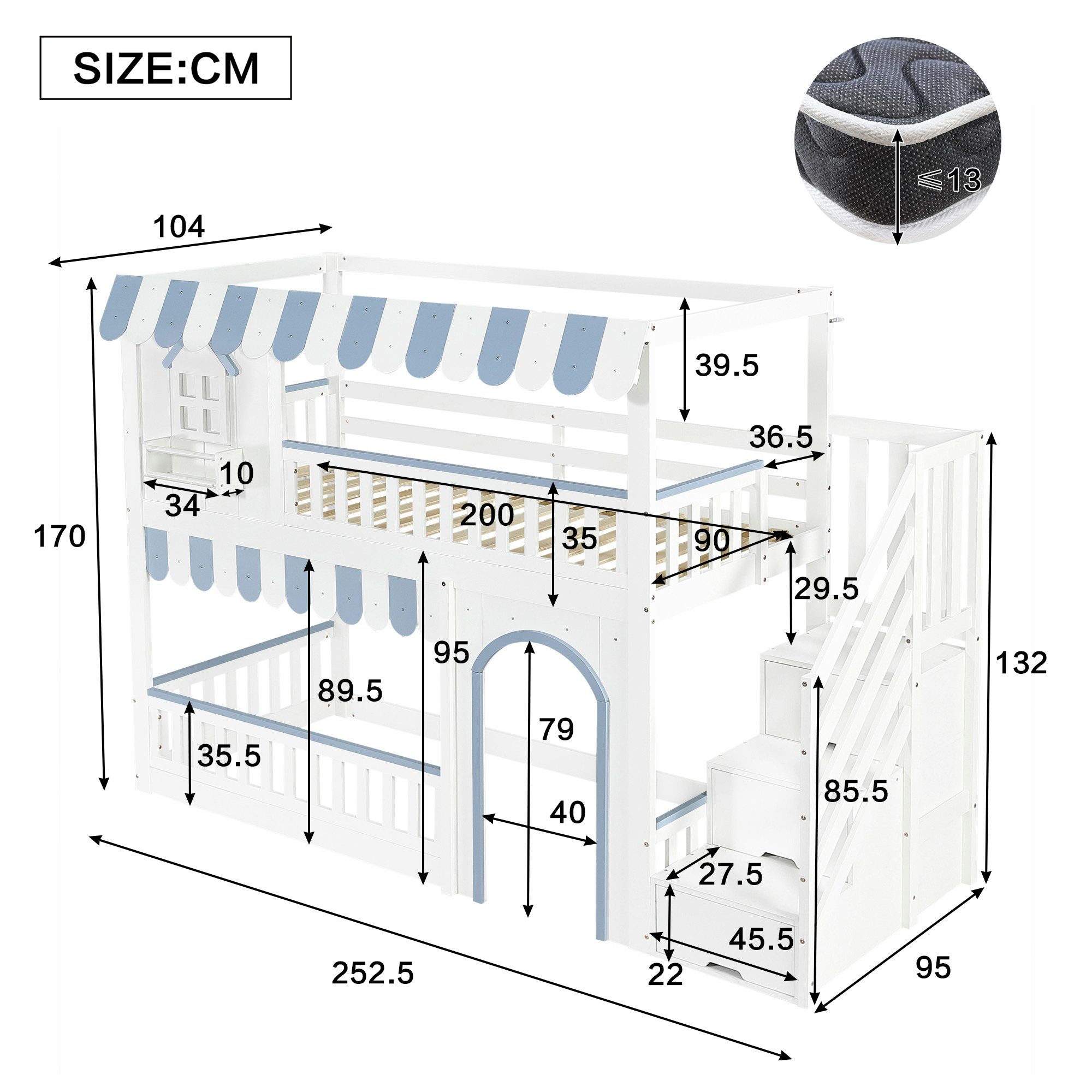 Merax Etagenbett 90x200cm (1-St., Jugendbett), Kiefer Kinderbett mit Stauraumtreppe, Schrank, Ablageflächen,Geländern – Bild 4 von 5