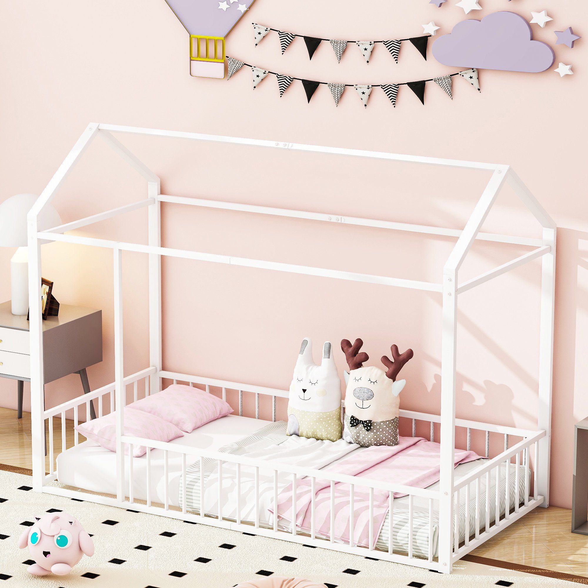 REDOM Metallbett Kinderbett Tagesbett Metal, Hausbettrahmen mit Zaun für Kinder (90 X 200 cm), ohne Matratze weiß