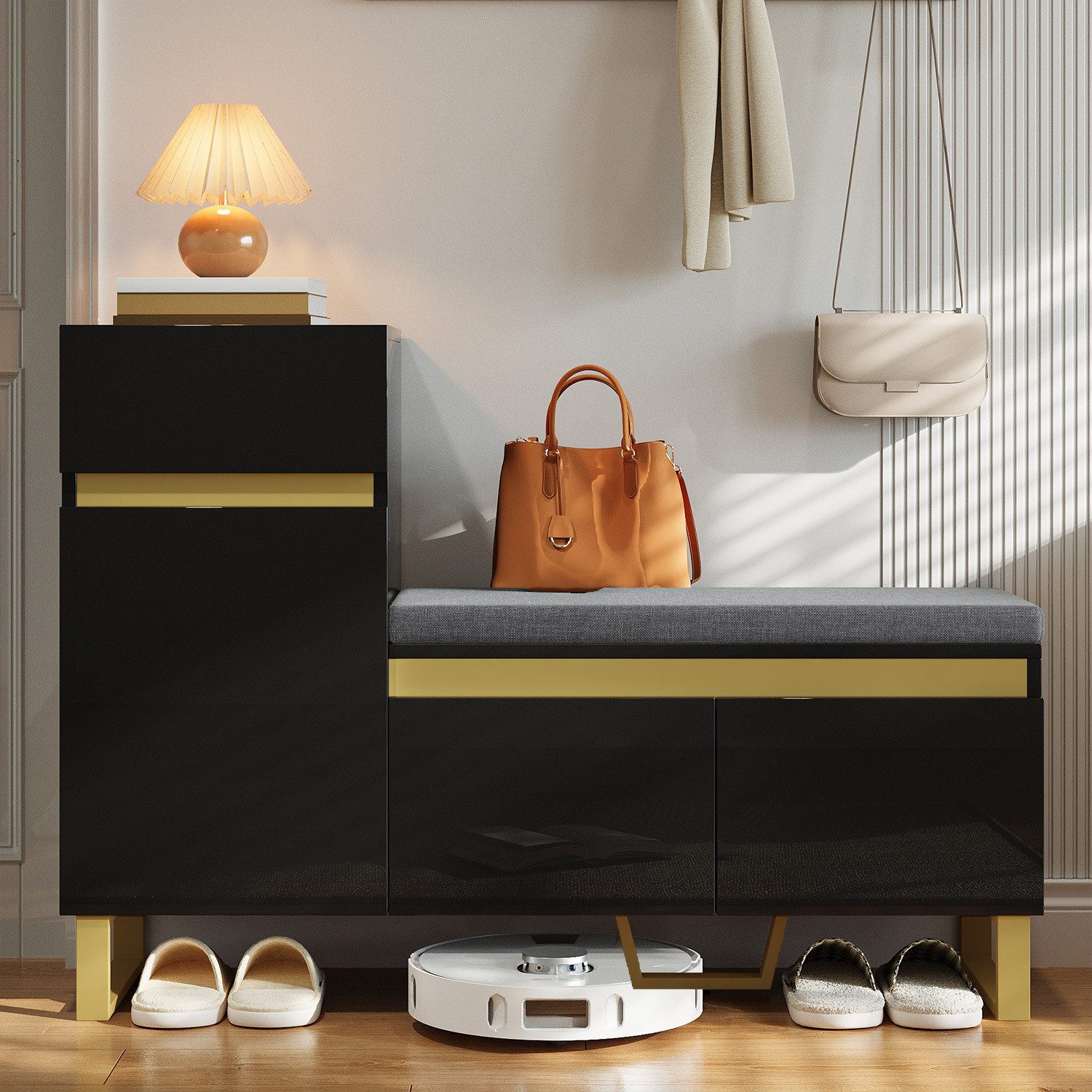 Merax Schuhschrank mit zweifarbiges Design und goldenen Details (1-St., 120×35×85 cm) Schuhregal mit integrierter Sitzbank, Schublade und offenem Fach