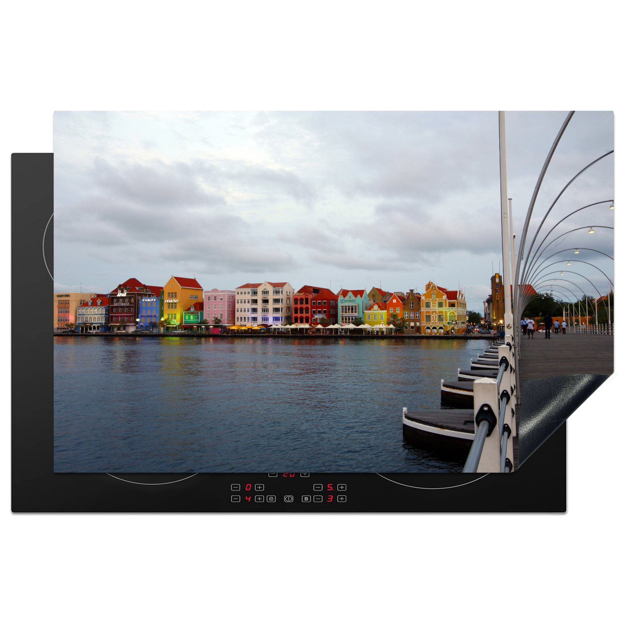 MuchoWow Herdblende-/Abdeckplatte Brücke mit Blick auf die Stadt Willemstad, Curaçao, Vinyl, (1 tlg), 81x52 cm, Induktionskochfeld Schutz für die küche, Ceranfeldabdeckung