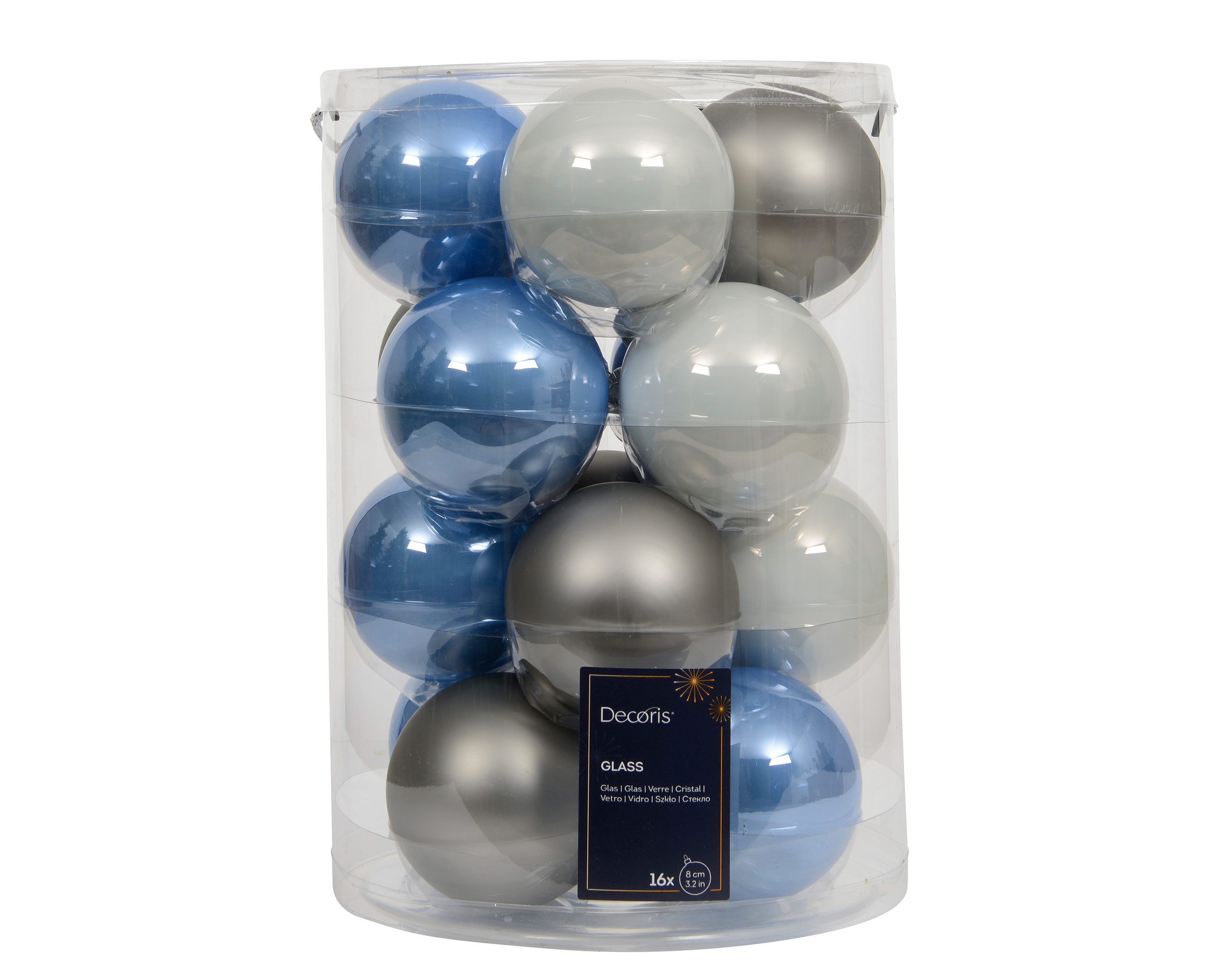 Kaemingk Weihnachtsbaumkugel, Weihnachtskugeln Glas 8cm 16 Stück - Blau / Grau Mix