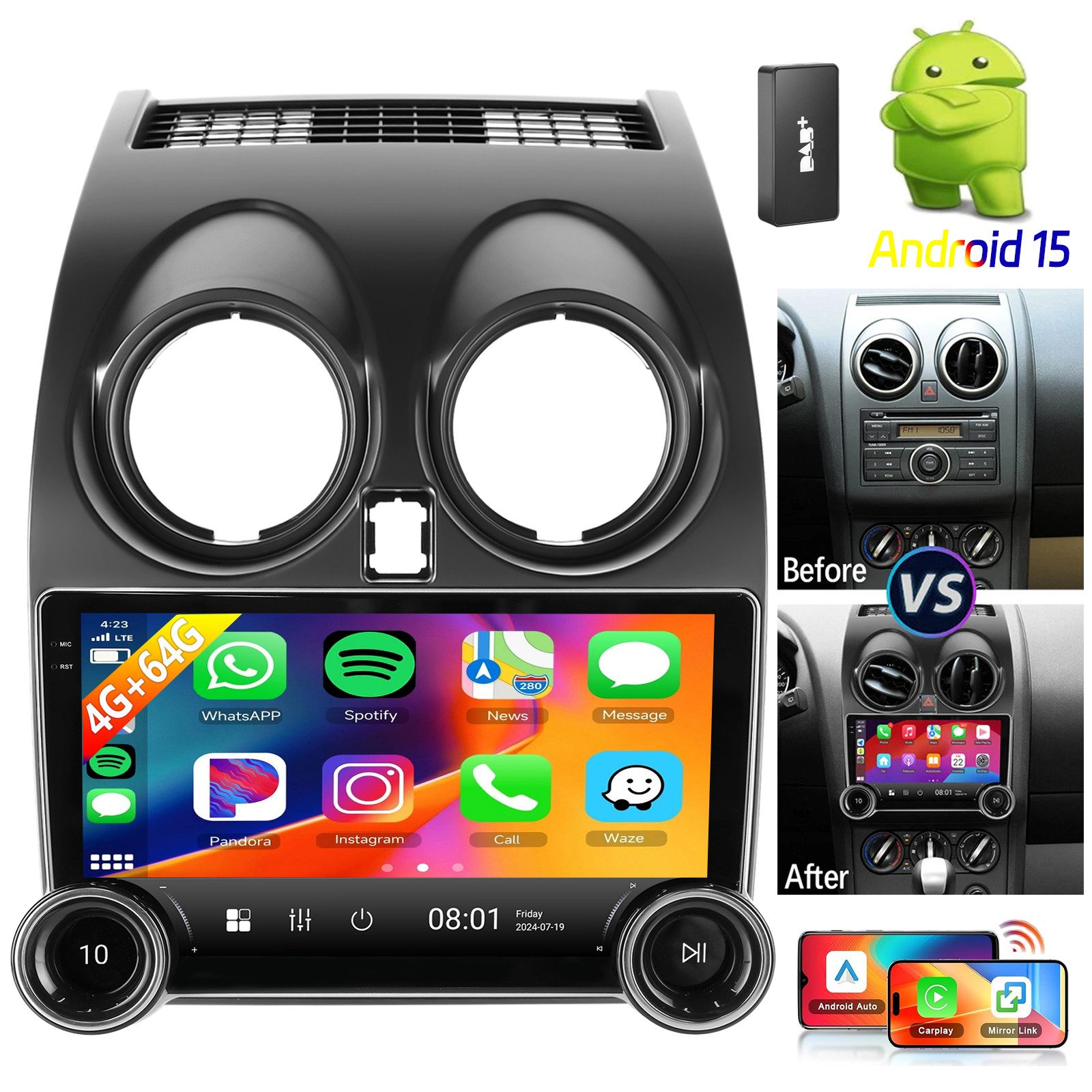 ESSGOO DAB+ Android15 Carplay 32/64G Für Nissan Qashqai J10 2007-2015 Autoradio (Digitalradio (DAB), RDS, AM, FM, 4+64GB(optional), Apple Carplay Android Auto GPS Navi WIFI BT EQ)