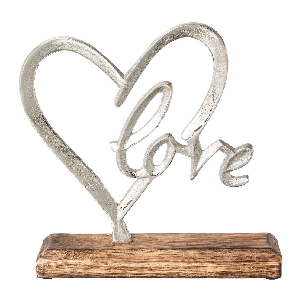 Gasper Dekoobjekt Aluminium-Herz "LOVE" auf Holzbase 21cm. Aluherz auf Holzsockel Silber