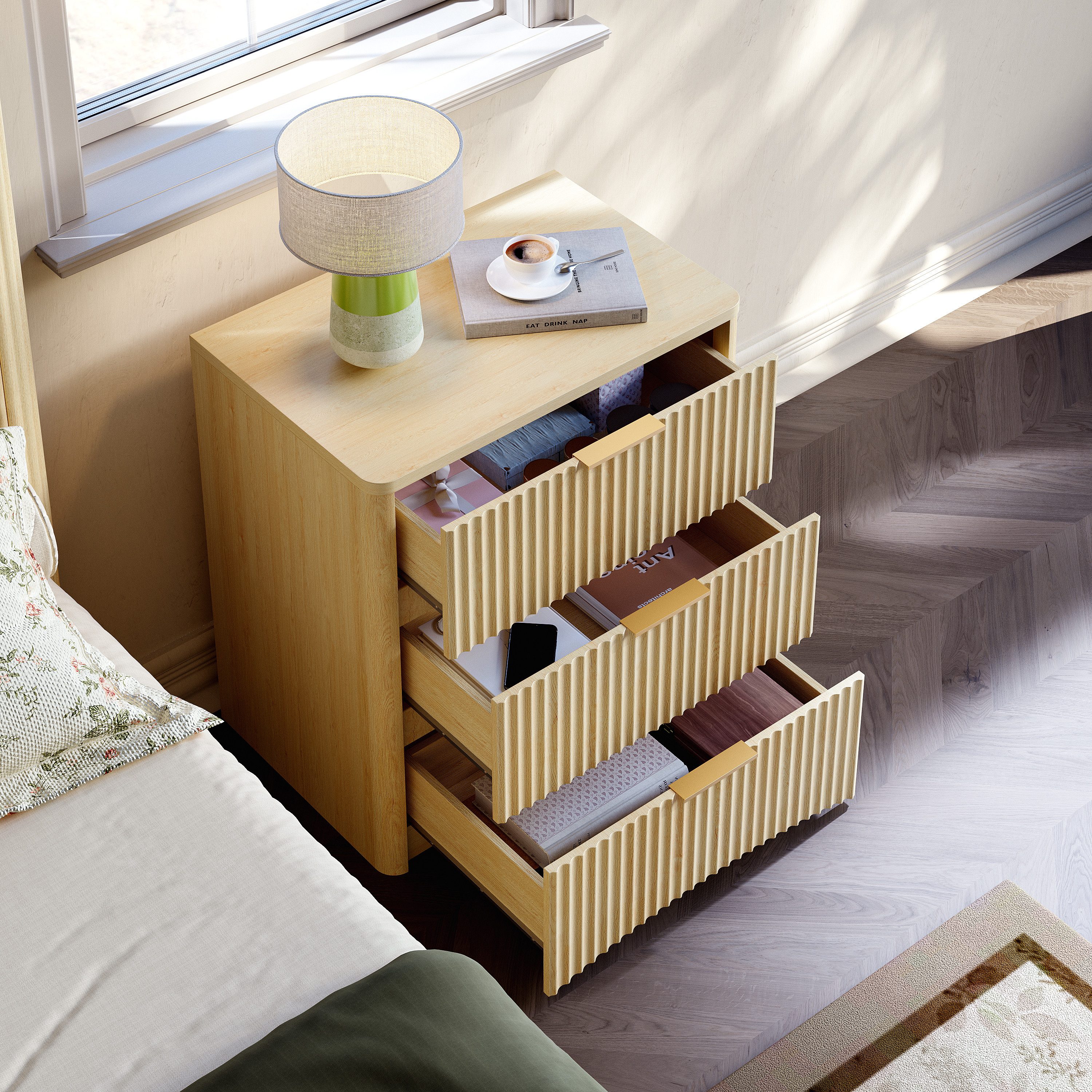 MODFU Nachttisch Metallgriffe, geräuscharme Führung (mit 3 Schubladen, einzigartiges Rillendesign), Kommode Schrank