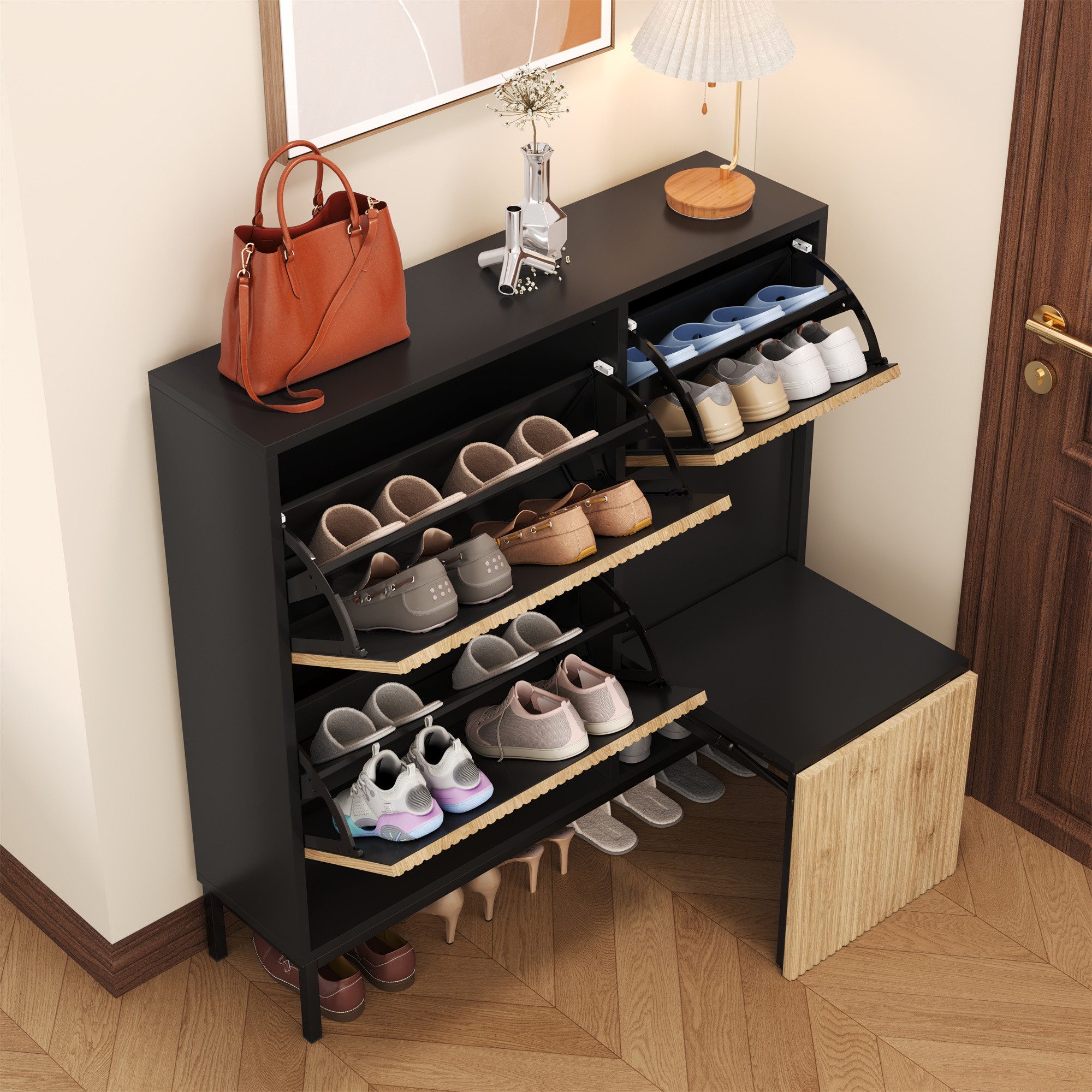 Merax Schuhschrank mit Schuhwechselhocker Schuhregal mit 3 Klappen und offenem Ablagefläche, Breit: 100cm