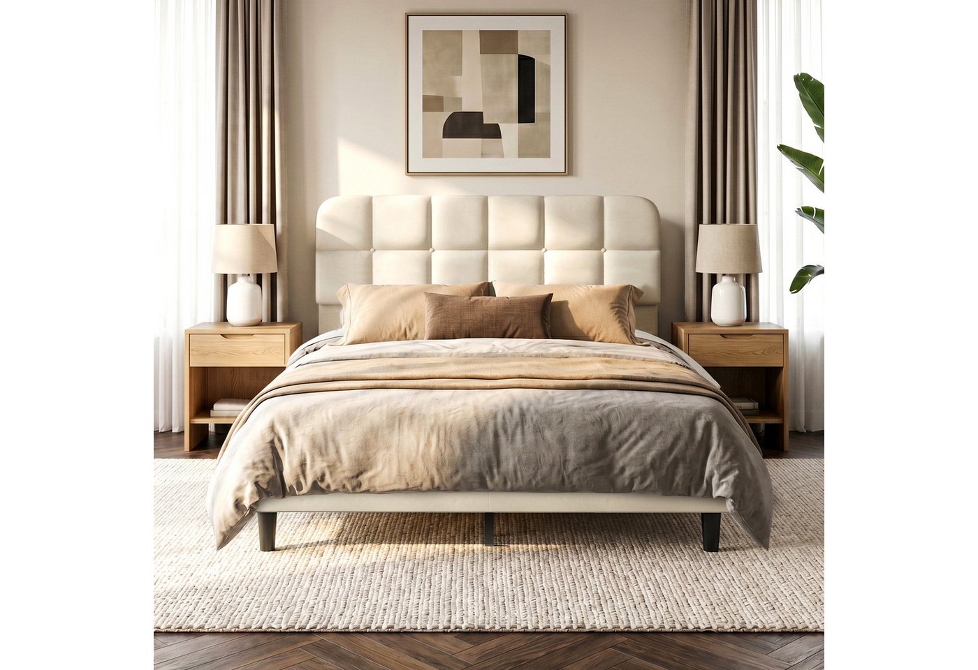 Patbrela Polsterbett mit 3-fach höhenverstellbarem Kopfteil, Beige, gepolstertes Bett aus Samtstoff, Lattenrost und erhöhten Bettfüßen