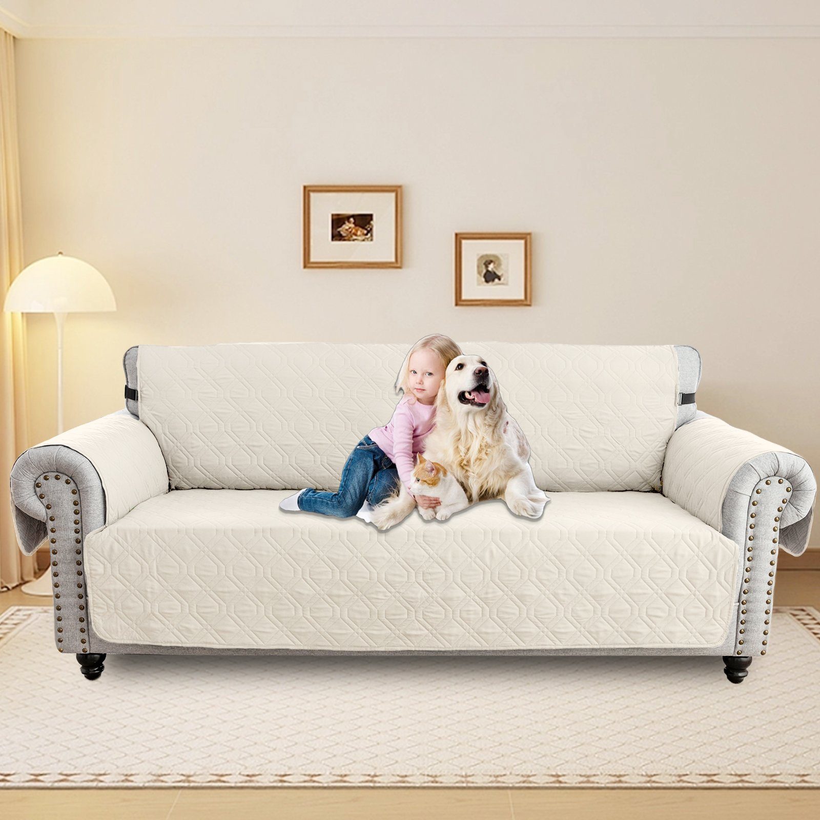 Sesselbezug Wasserdicht Gesteppter Hunde Sesselschoner Sofabezug Couch Sofa Anti-Rutsch Armlehnenauflage Sunicol, Haustier 1-3Sitz, Überwurf Elfenbein Schutz
