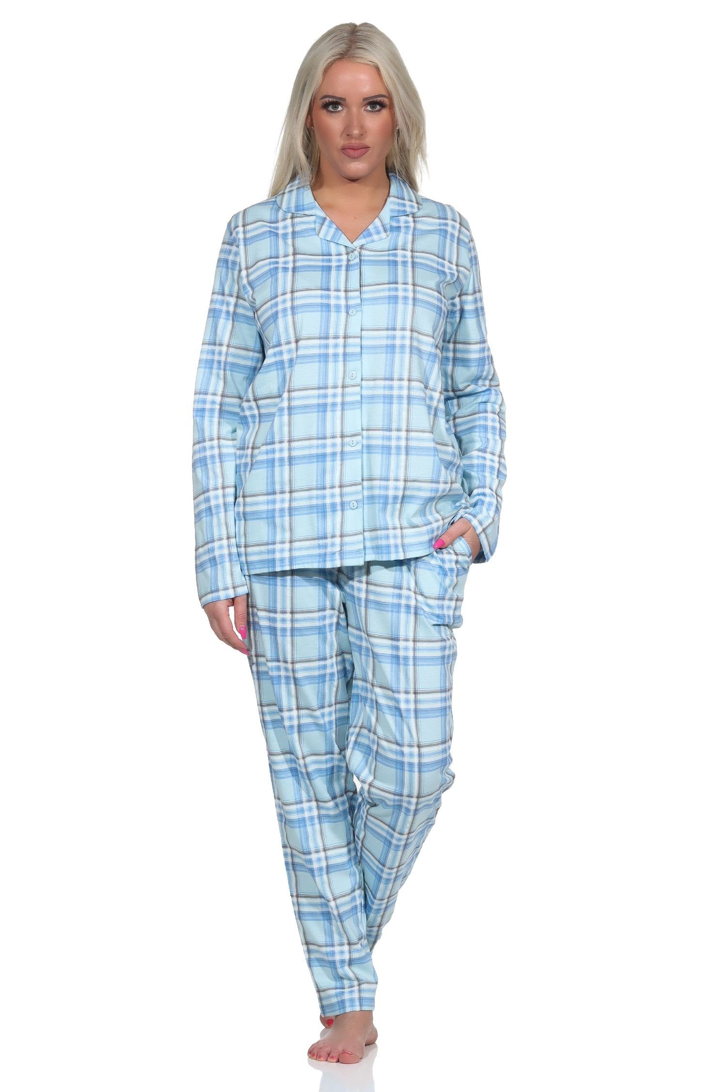Normann Pyjama Damen Pyjama aus Single Jersey zum durchknöpfen in Karo Optik helltürkis