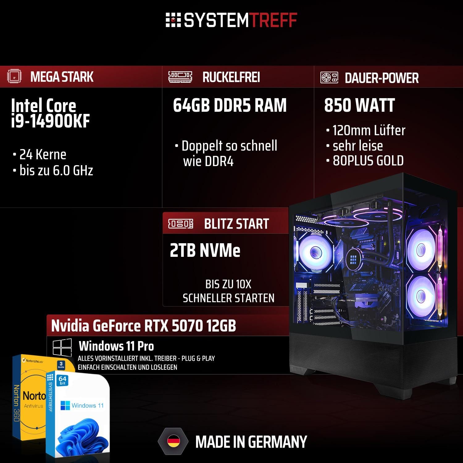 SYSTEMTREFF Intel Core i9-14900KF mit Nvidia GeForce RTX 5070 12GB Gaming-PC (Intel 14900KF 14900KF, Nvidia GeForce RTX 5070, 64 GB RAM, 2000 GB SSD, Wasserkühlung)
