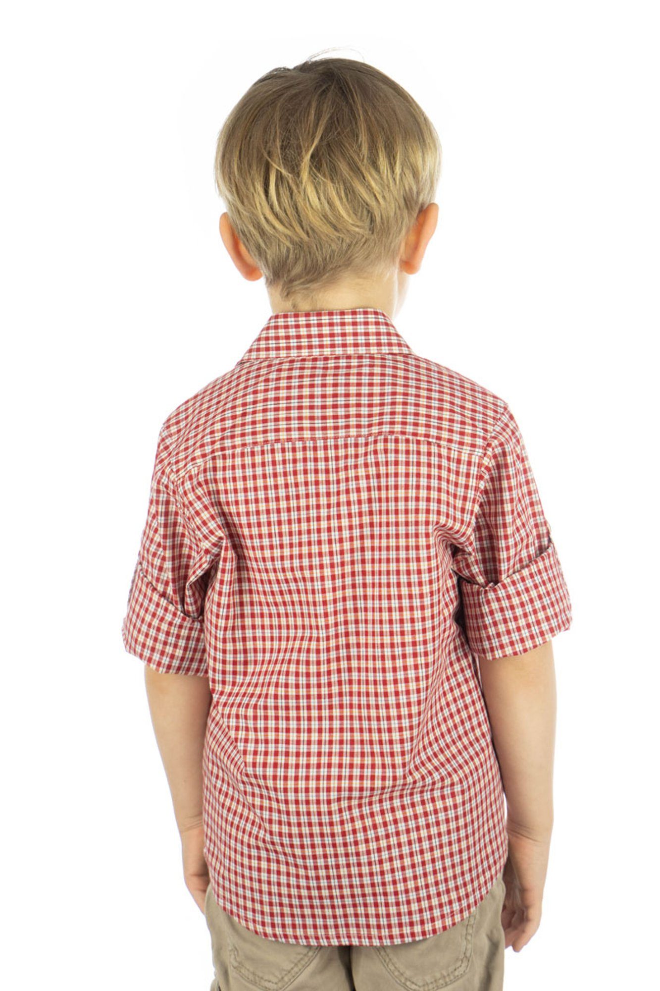 OS-Trachten Trachtenhemd Slamo Jungen mittelrot mit Brusttasche Hirsch-Stickerei Langarmhemd mit aufgesetzter