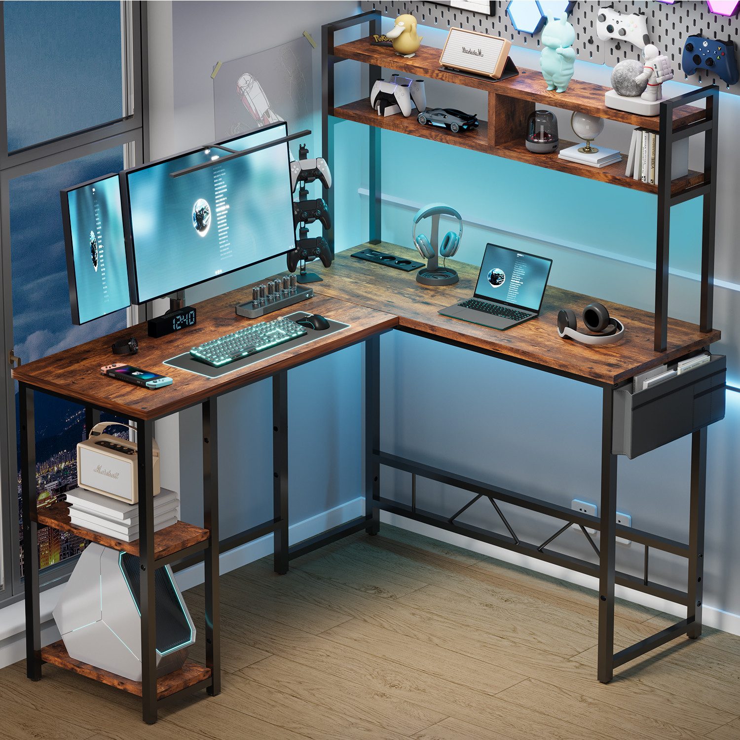 HOMALL Gamingtisch Schreibtisch mit LED und USB L-förmiger Ecktisch 140/160cm (Mit großem Ablagefach, USB-Ladeanschluss und Steckdose)