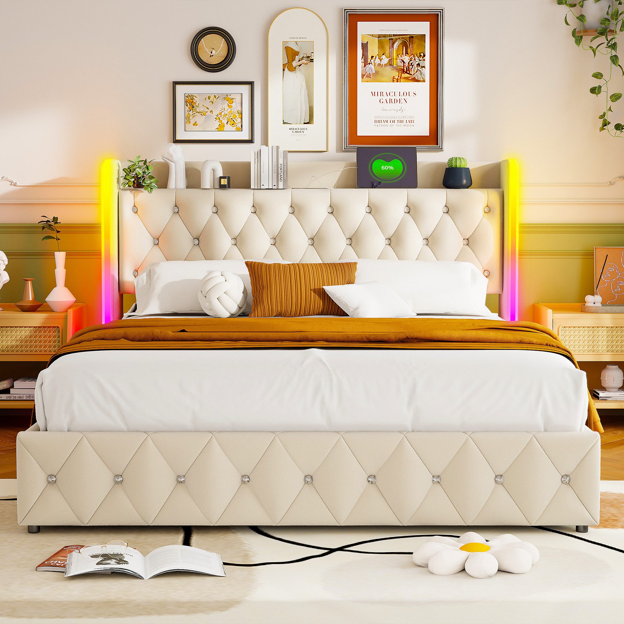 PXloue Polsterbett Doppelbett mit LED Licht 140x200cm,Hydraulisch anhebbare günstig online kaufen