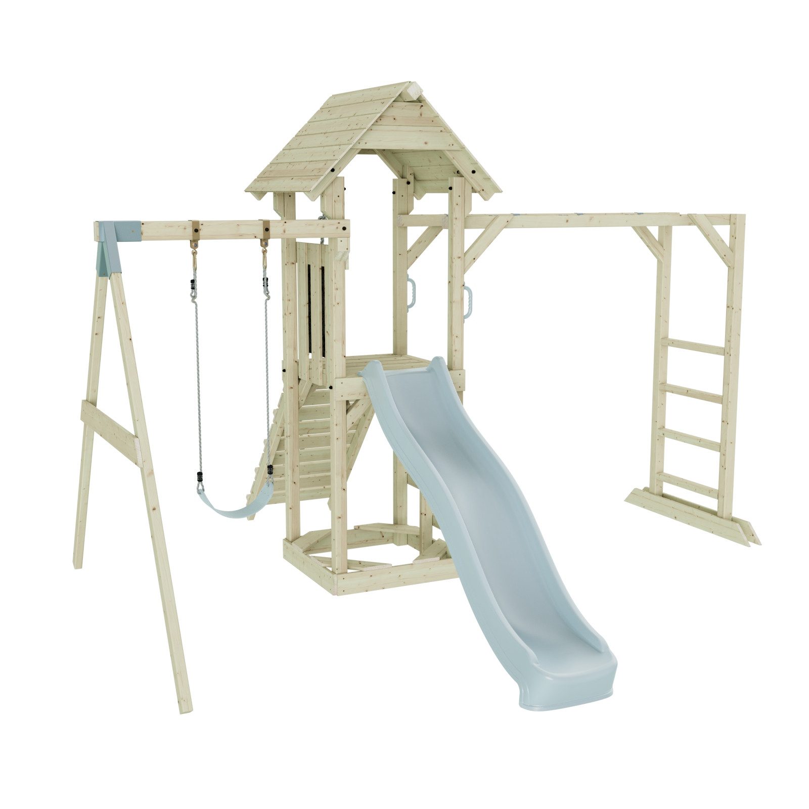 OutdoorToys Spielturm Malmö aus Holz in Eisblau mit Kinderschaukel & Rutsche, aus Holz in Eisblau mit Kinderschaukel & Rutsche