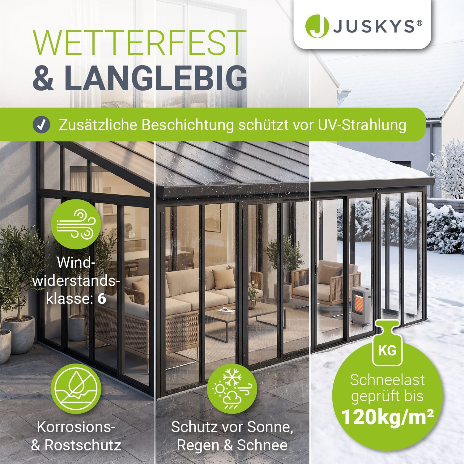 Juskys Wintergarten, BxT: 552x290 cm, 3 Doppeltüren, mit Regenrinne, UV-Schutzfolie, inkl. Schlüssel