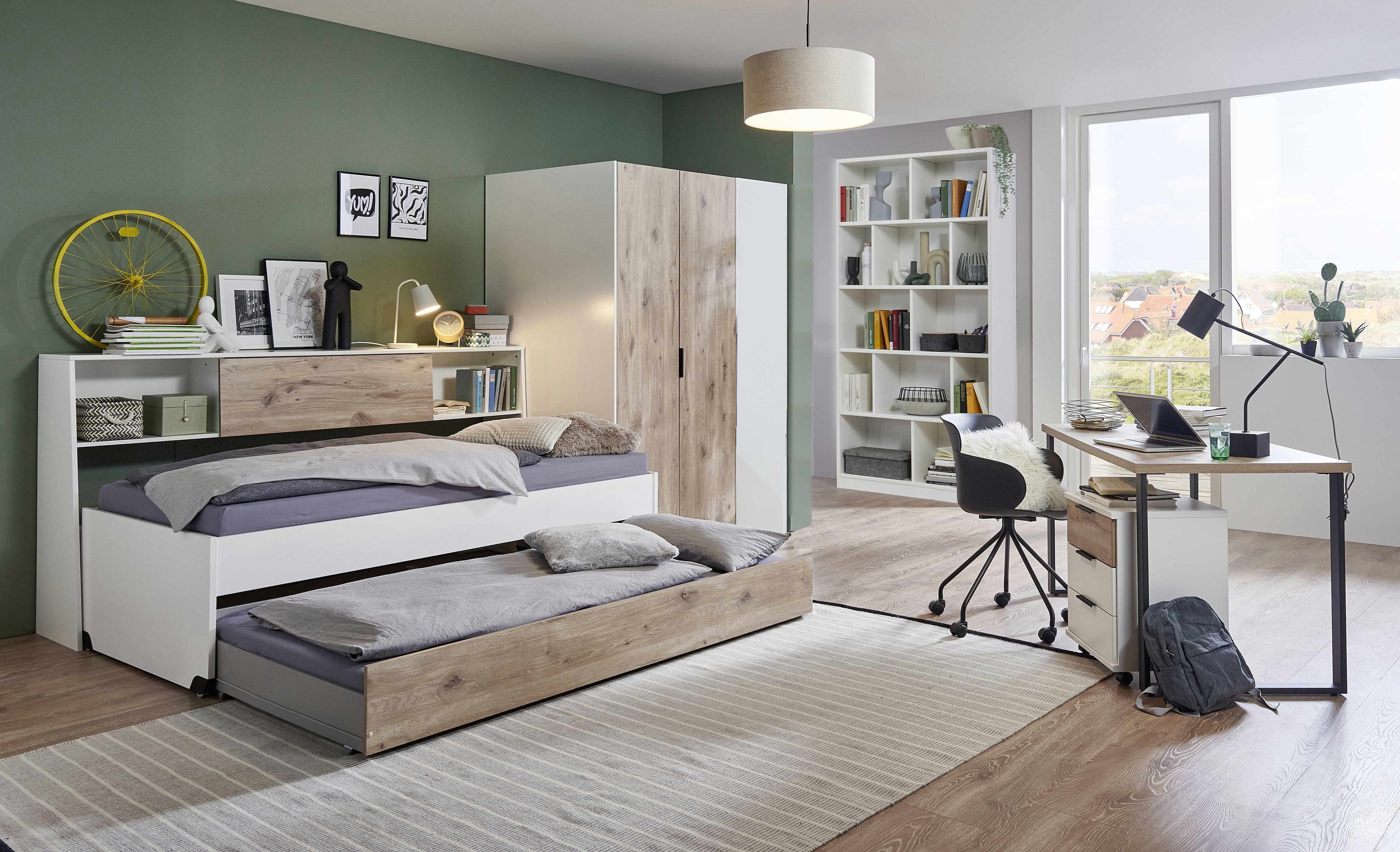 möbel-direkt.de Jugendzimmer-Set Norderney in Weiß oder Weiß mit Viking Oak, (Komplett Set, 7-tlg., in verschiedenen Zusammenstellungen und Dekoren wählbar), Made in Germany, begehbarer Kleiderschrank