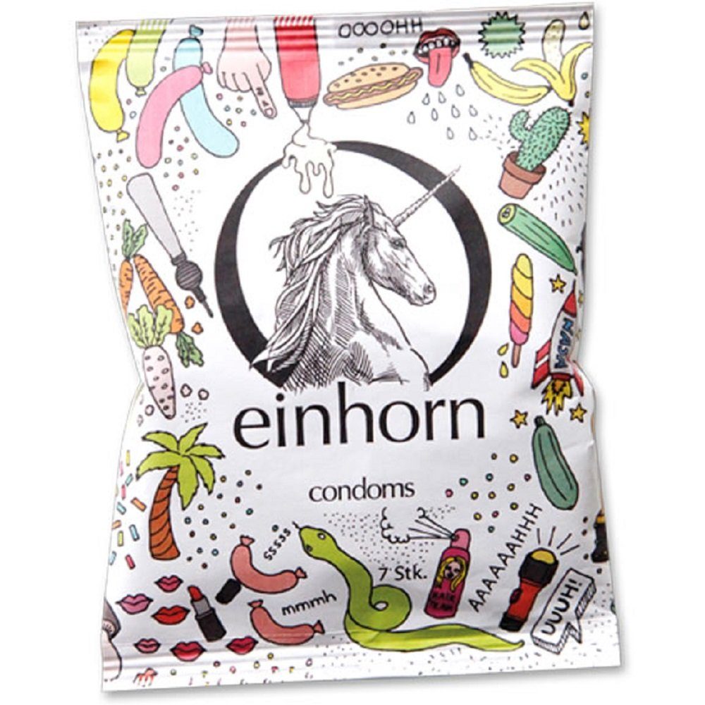 einhorn Kondome Penisgegenstände (54mm Breite + Comfort-Form) Wochenration, Packung mit, 7 St., Fairstainability Kondome - kreativ, nachhaltig & fair gehandelt, vegane Kondome in der Chipstüte