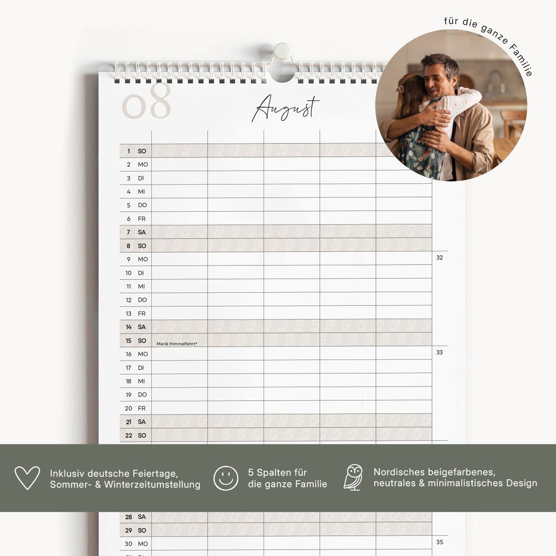NORDEULE Familienkalender A3 Beige, Wandkalender 2027 mit 5 Spalten, ideal für die ganze Familie, Paare, Geburtstage und als Geschenk – Bild 2 von 5