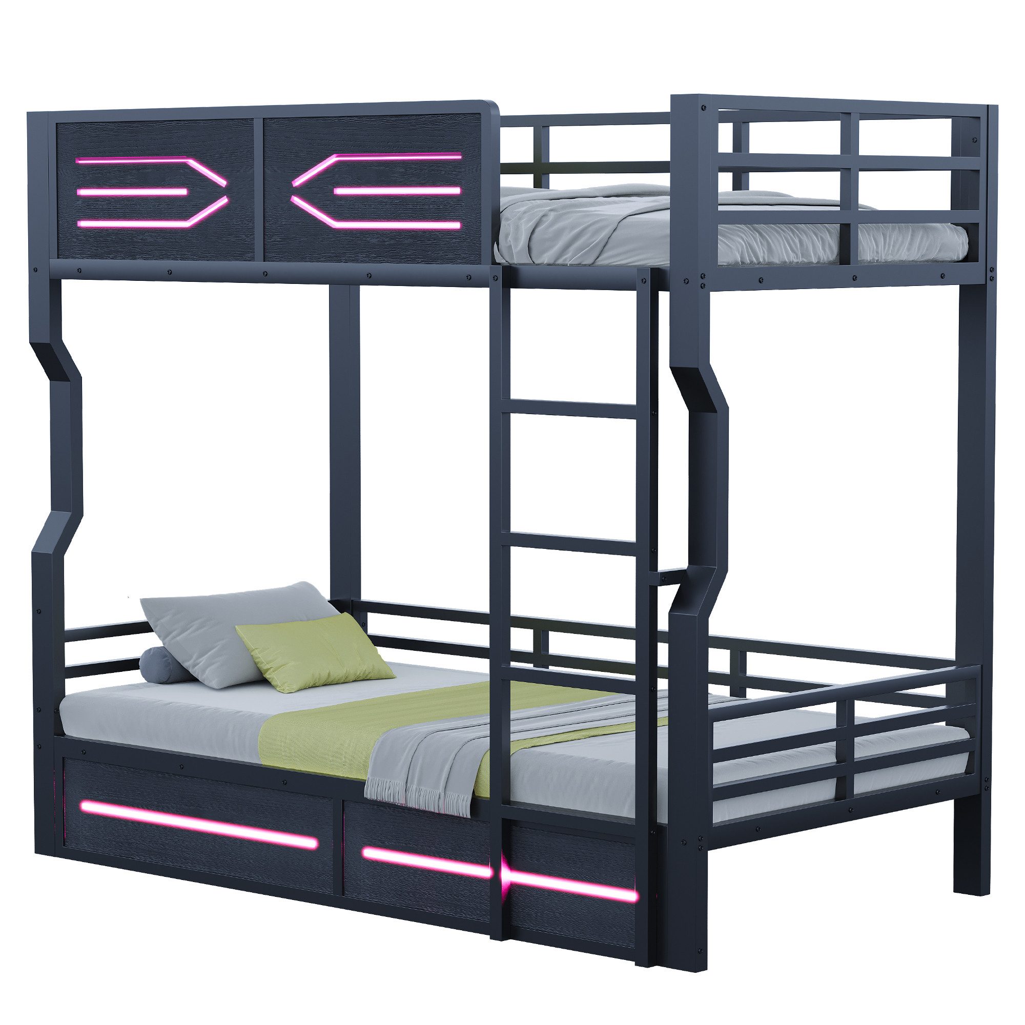 MODFU Etagenbett mit LED-Beleuchtung, geradlinigem Design und hohen Seitengittern (Jugendbett Eisenbett, 90x200 cm Kinderbett), ohne Matratze