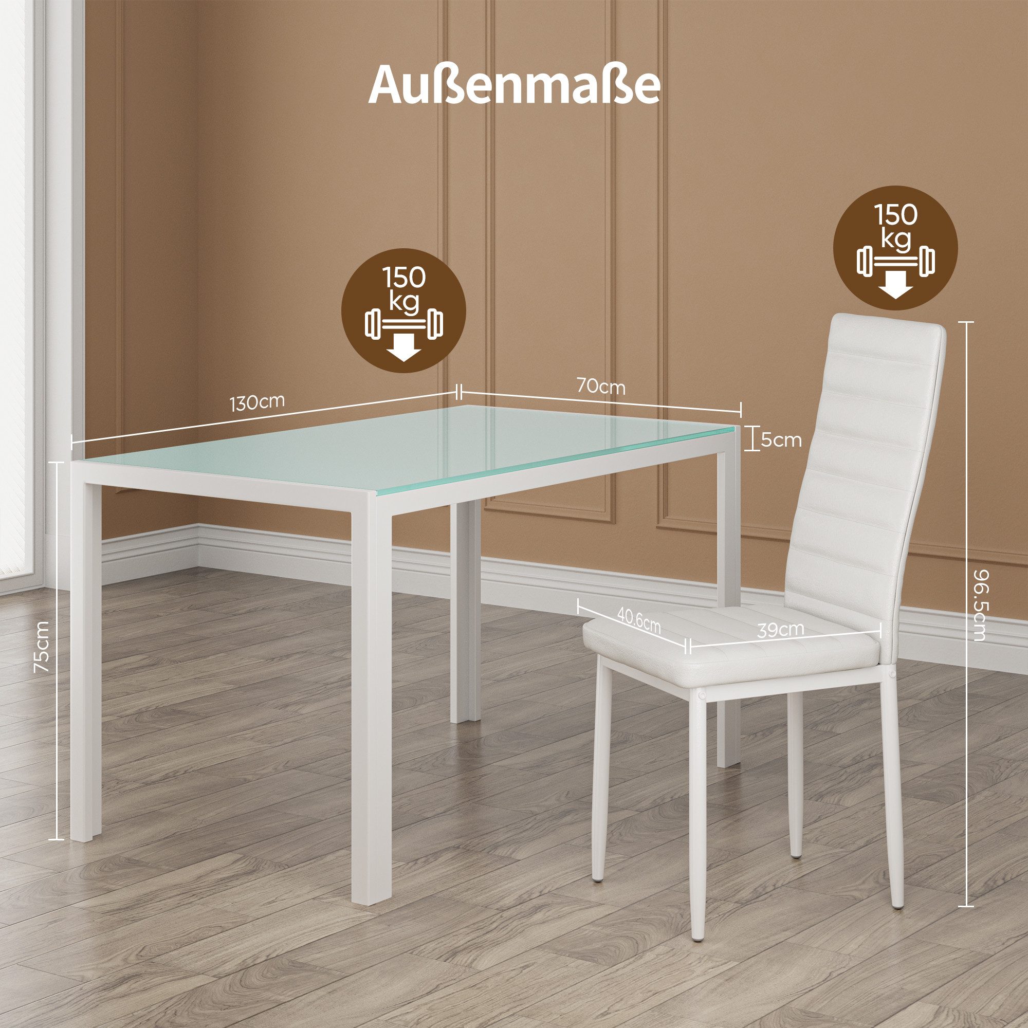 Bealife Essgruppe 5-tlg(Esstisch und 4 stühlen), Tischplatte aus glas(120x70cm)