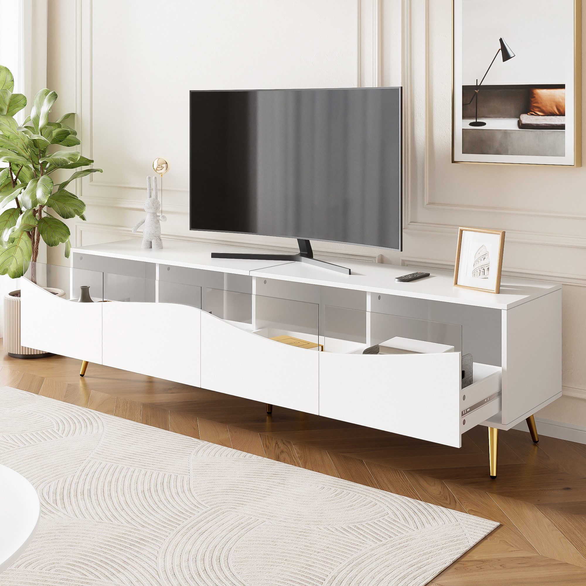 MODFU Lowboard Lowboard (Fernsehtisch, TV-Glasschrank, 1 St., 180 x 40 x 50 cm), mit Glasfront, goldenen Metallfüßen