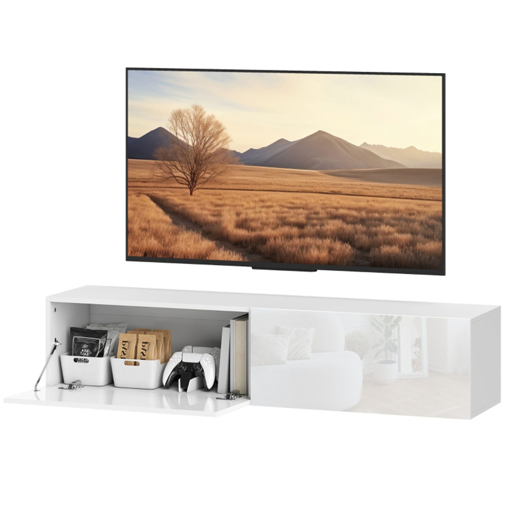 MC Star TV-Schrank hängend TV Board für Fernseher bis zu 65 Zoll 140 cm Lowboard (Fernsehtisch mit Stauraum Fernsehschrank für Wohnzimmer Weiß)