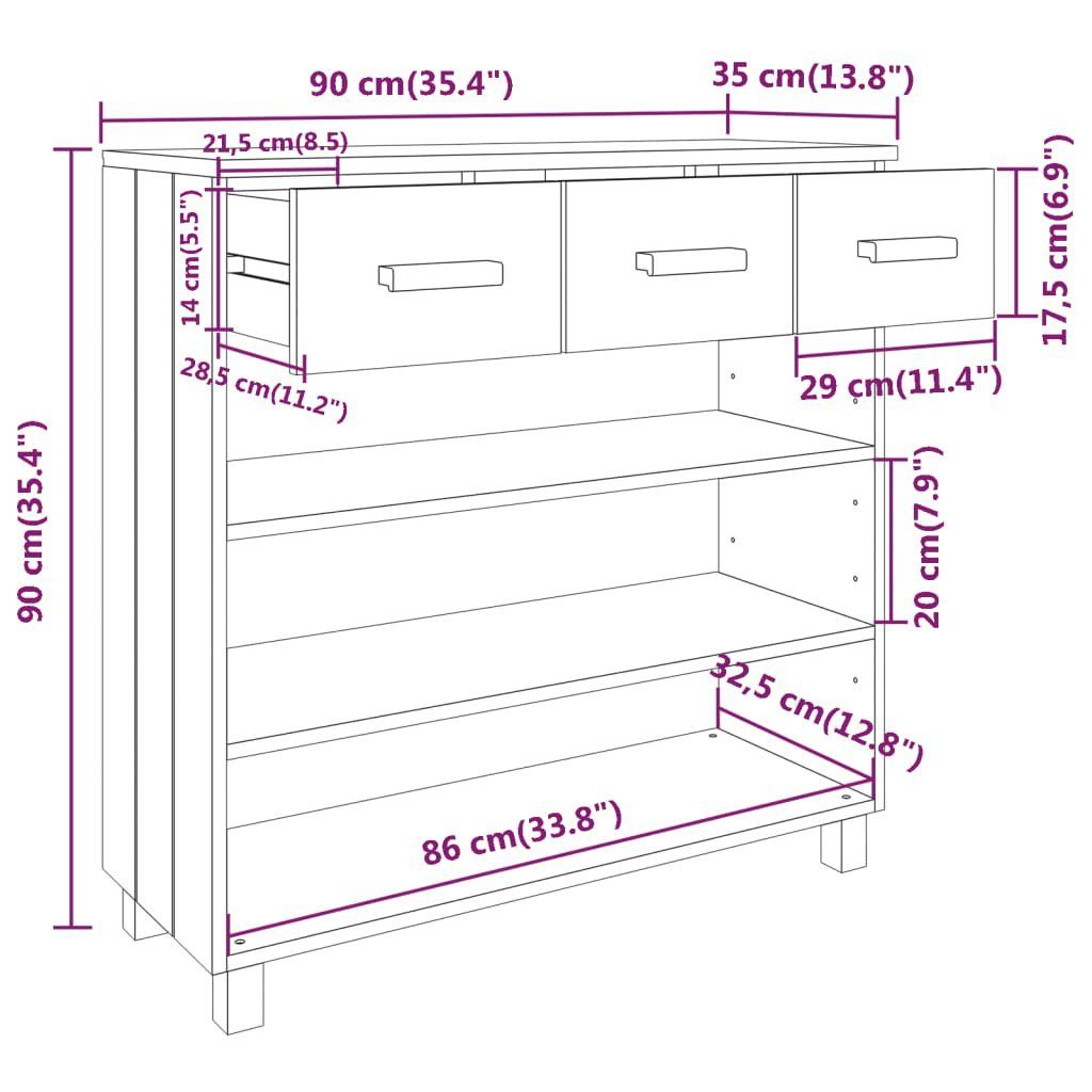 (1-St) cm HAMAR Kiefer Massivholz 90x35x90 furnicato Dunkelgrau Beistelltisch Konsolentisch