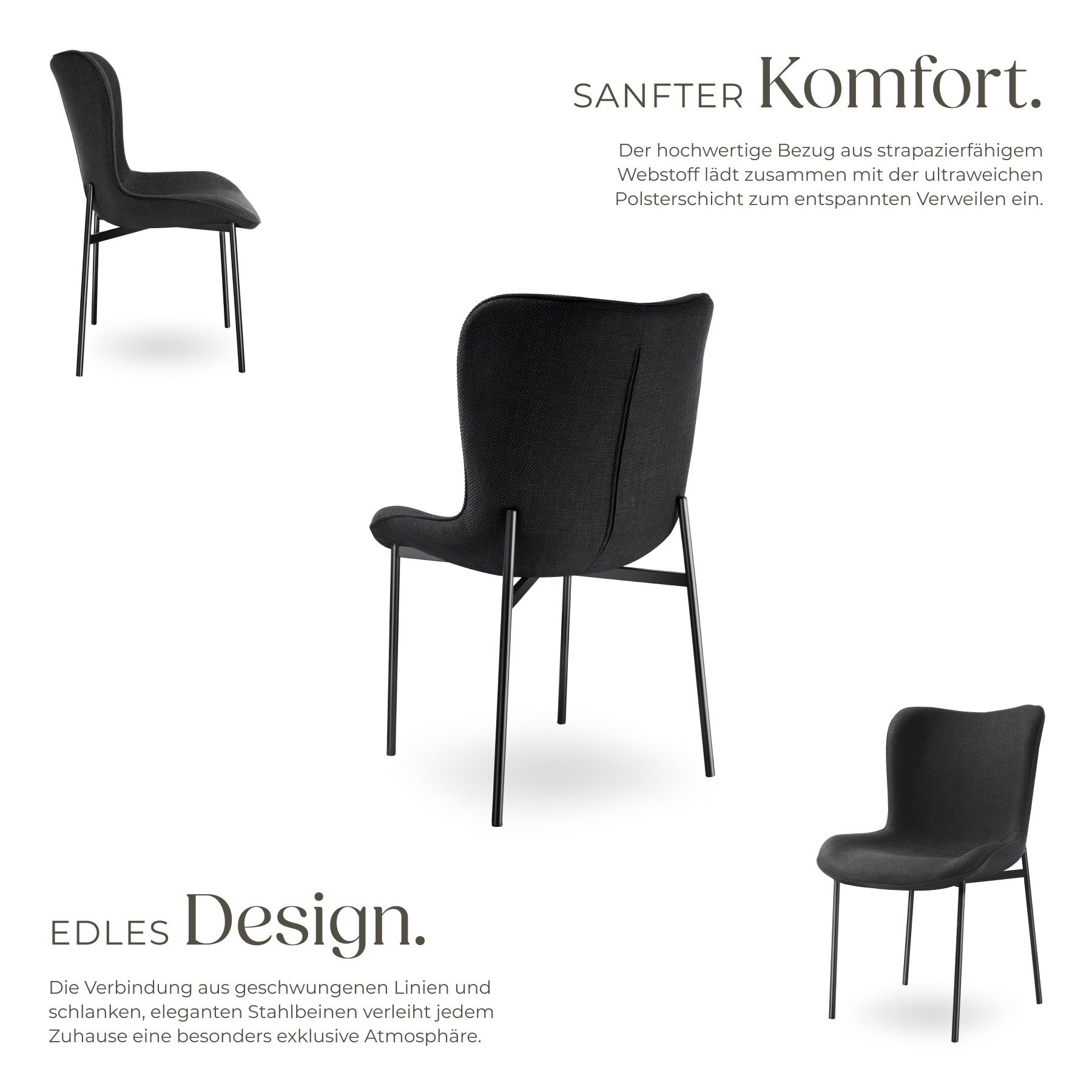 tectake Esszimmerstuhl Polsterstuhl, Belastbarkeit 120 kg, 54 x 62 x 90 cm (Lehnstuhl Tessa in Webstoff schwarz/schwarz, 1 St), ergonomische Form mit hoher Rückenlehne, Stahlbeine, bodenschonend