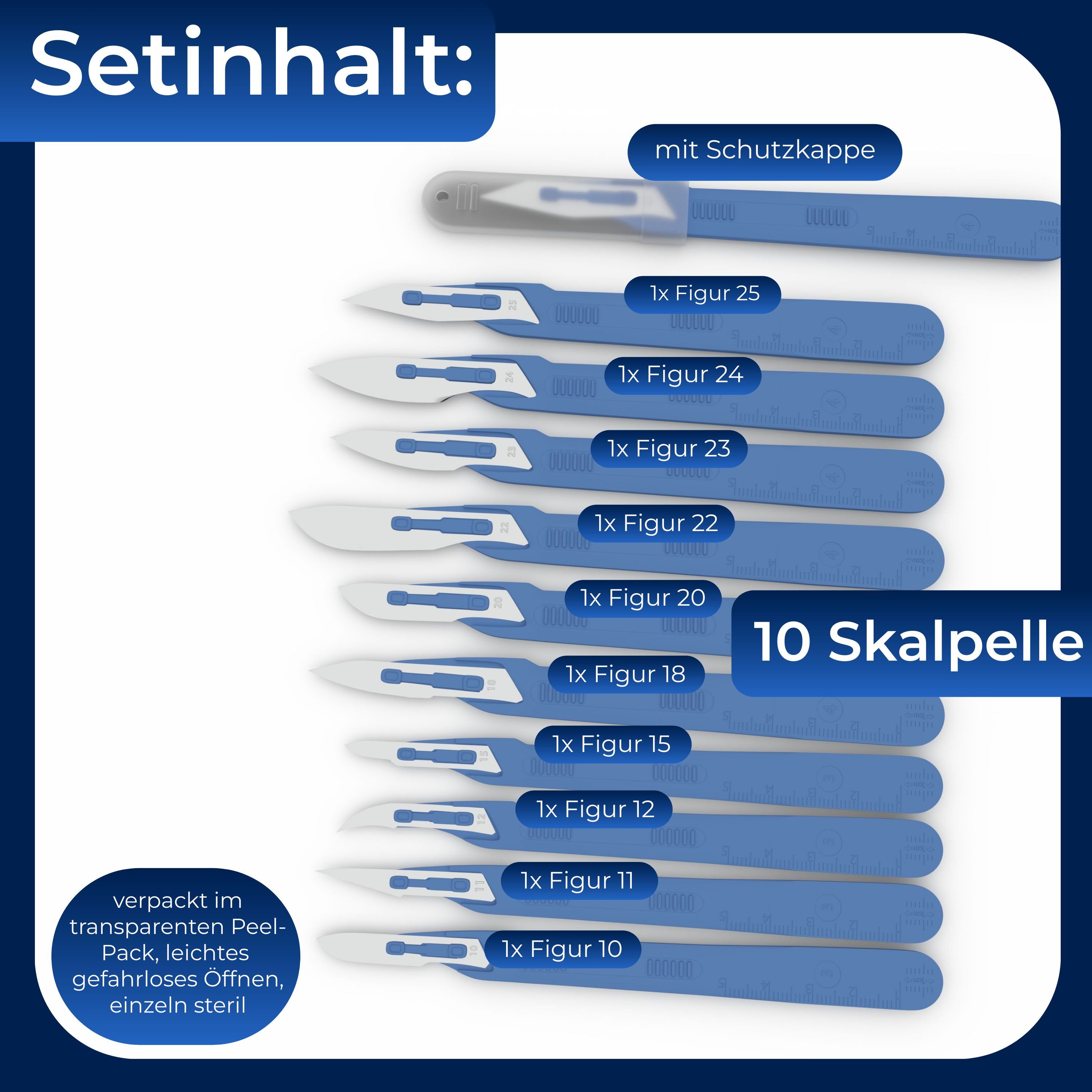 Horn Medical Bastelmesserklinge Horn Medical Einweg-Skalpell-Set Typ II - 10 Skalpelle in 10 Größen (präzises Schneiden, 10-St., einzeln steril verpackt), für medizinischen Bedarf, DIY, Bastler, Modellbau etc.