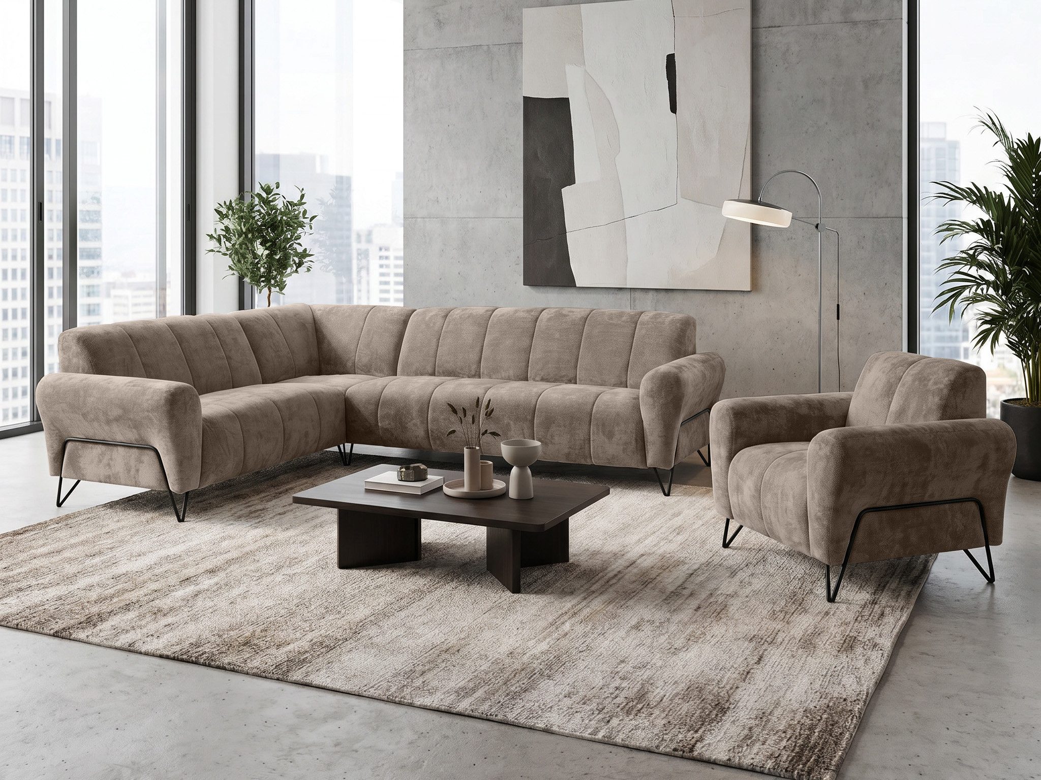 Beautysofa Polstergarnitur im modernen Stil auf hohen Metallbeinen VOLARE, (Sofagarnitur aus Chenille-Stoff, Beige Grau, Ecksofa L + Sessel Set moderne Couchgarnitur), HR-Schaum, Wellenfederung, freistehend