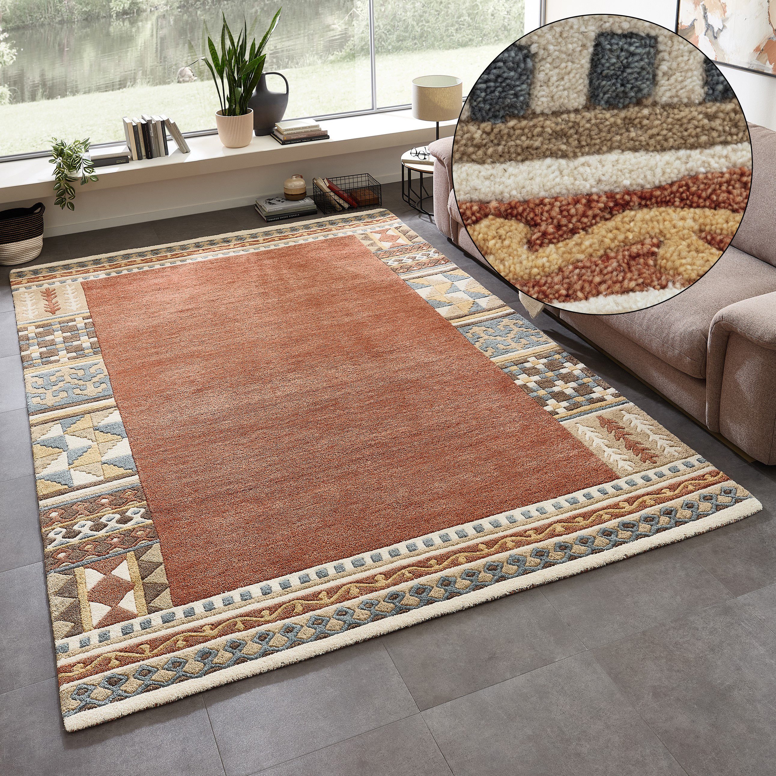 THEKO Wollteppich Nuno, reine Wolle, Handgefertigt, mit Bordüre, rechteckig, Höhe: 14 mm, handgetuftet, Wohnzimmer, Schlafzimmer, Esszimmer, auch als Läufer