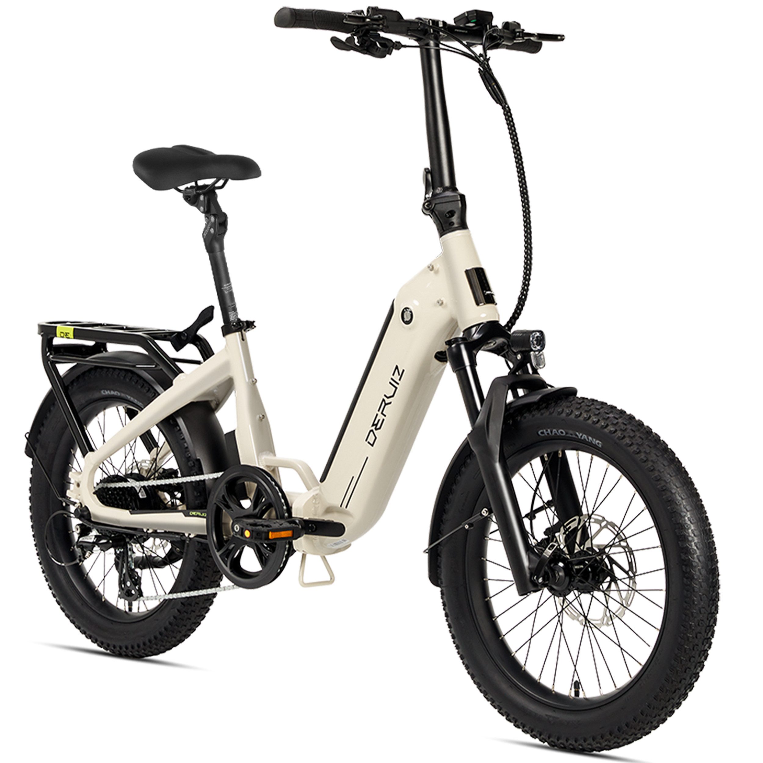 DERUIZ E-Bike Klapprad 20x3,0 Zoll, max. 140km, Federsattelstütze, mit Bluetooth, 5 Stufen, 8 Gang SHIMANO SHIMANO ALTUS 11-32T Schaltwerk, Kettenschaltung, Heckmotor, 500 Wh, (mit Akku-Ladegerät, mit Werkzeug), RH:36cm, Bremslicht, Gepäckträger (max.50kg), hydraulische Bremsen