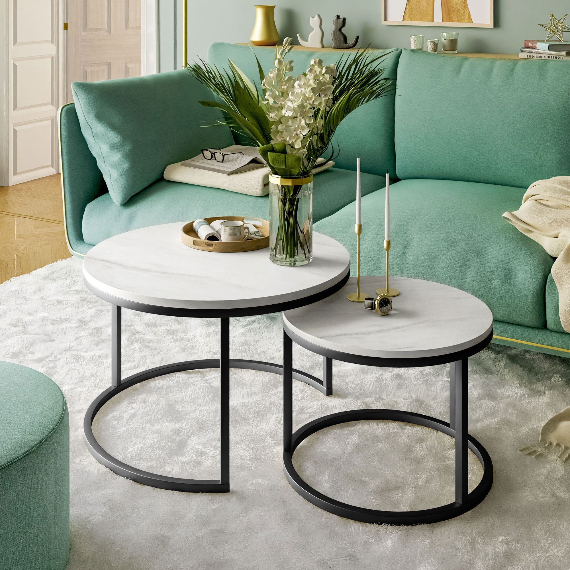 Lookway Couchtisch CIRI 2in1 LEVANTO mit schwarzem Gestell, runder Couchtisch (2er Set), Durchmesser: ⌀70 cm & ⌀50 cm und Durchmesser: ⌀80 cm & ⌀60 cm
