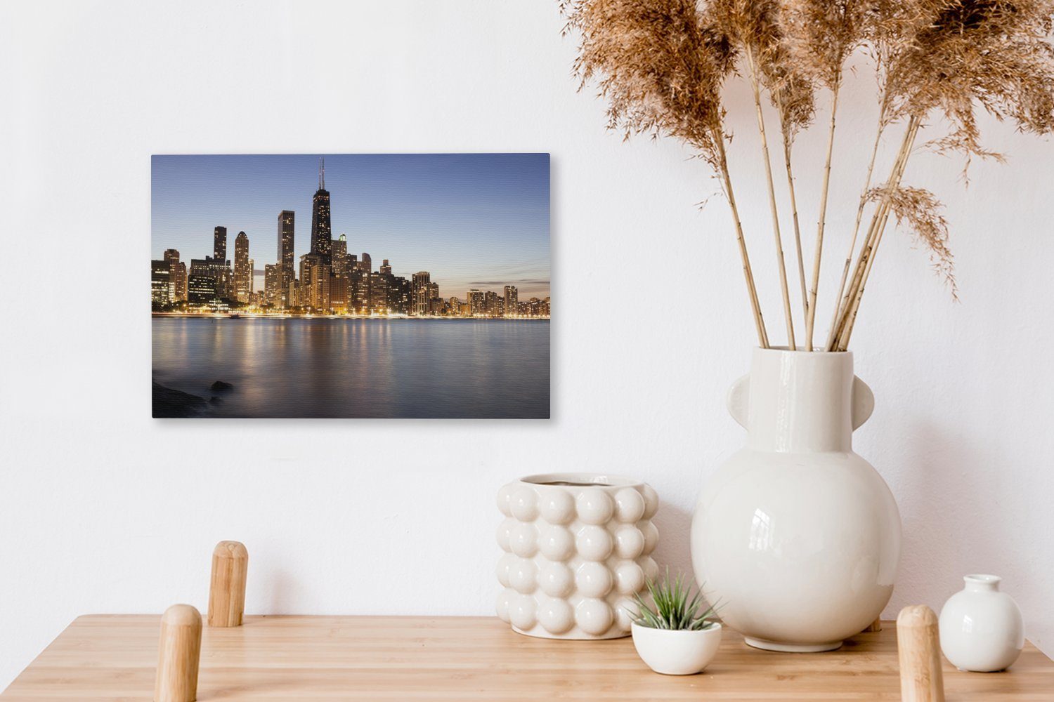 Aufhängefertig, cm Wandbild 30x20 Leinwandbilder, OneMillionCanvasses® Skyline Chicago Wasser, St), - - (1 Wanddeko, Leinwandbild