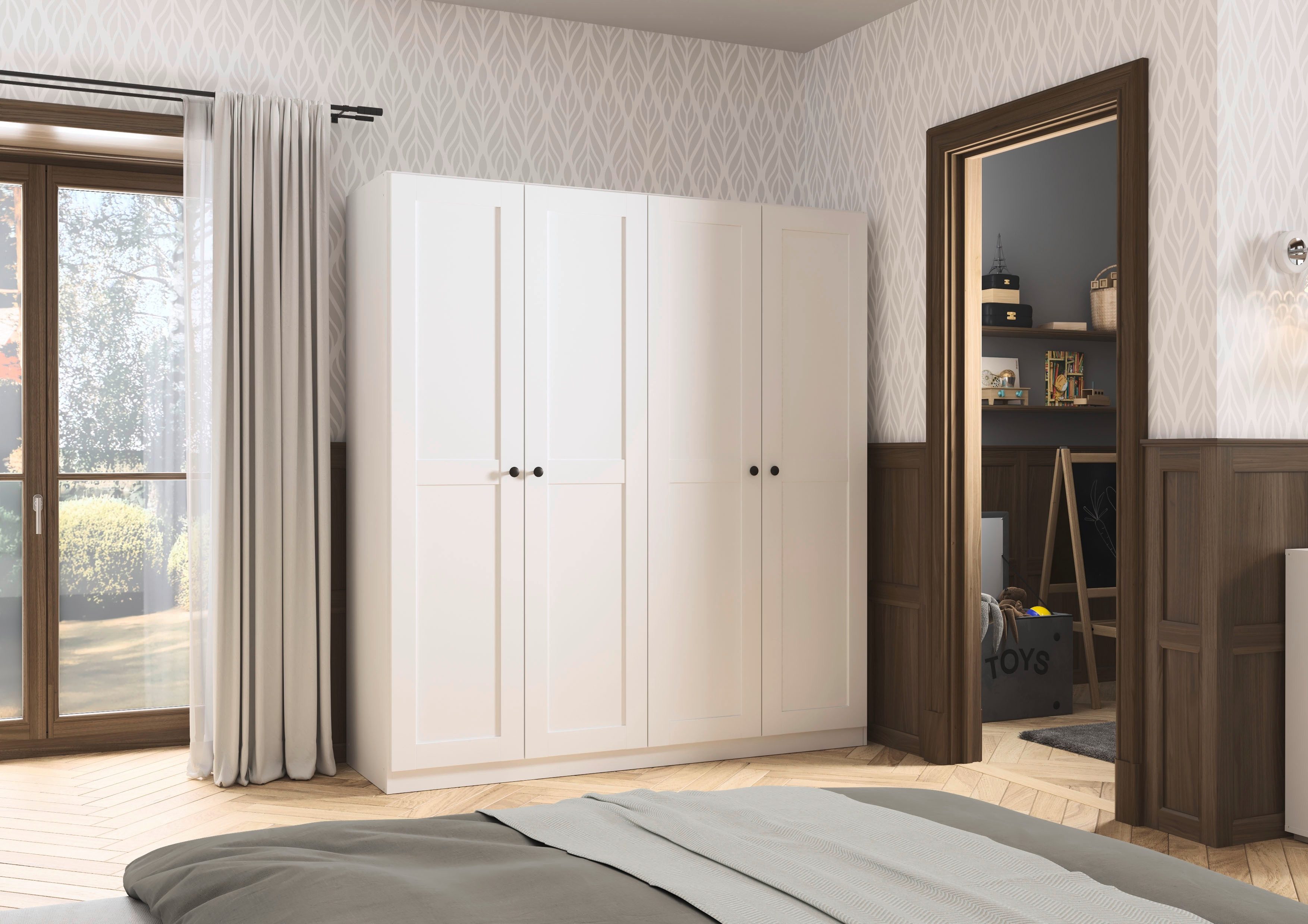 OTTO home Kleiderschrank Mehrzweckschrank Aktenschrank Möbel Mietswohnung Schlafzimmer YLVA (Breiten: 90/135/180 cm, Höhe 197 cm) skandinavischer Style mit Rahmenfront und Knopfgriffen MADE IN GERMANY