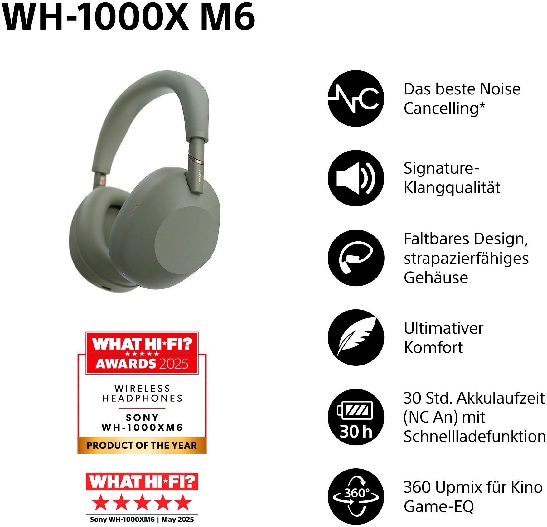 Sony WH-1000XM6 Premium Noise Cancelling Wireless Over-Ear-Kopfhörer (Freisprechfunktion, Multi-Point-Verbindung, Noise-Cancelling, Transparenzmodus, Wireless-Audio-Streaming, integrierte Steuerung für Anrufe und Musik, A2DP Bluetooth, Bluetooth, HFP, HSP, AVRCP Bluetooth, Kabellose Over Ear Kopfhörer mit Sony’s bestem Noise Cancelling)