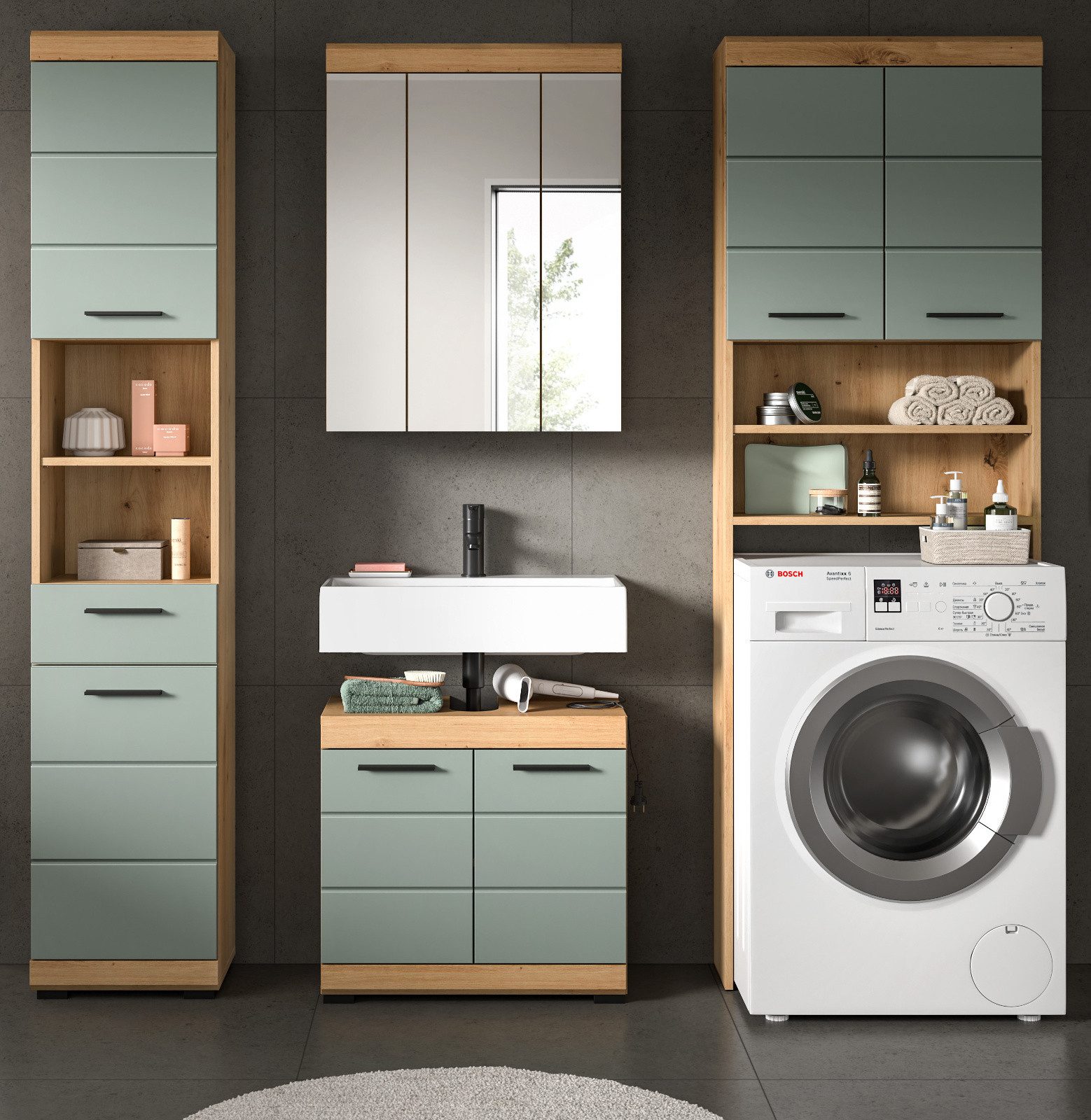 Inn.Furn Badmöbel-Set Shawn, (4-teiliges Badezimmer in Salbei grün und Eich günstig online kaufen