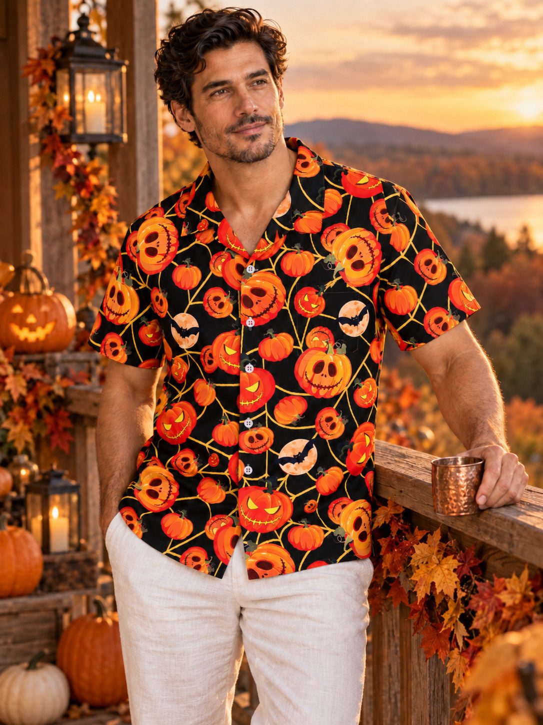 King Kameha Hawaiihemd "Halloween Pumpkin Web" Funky Hawaii-Hemd Kurzarm Front-Tasche Unisex – Bild 2 von 5