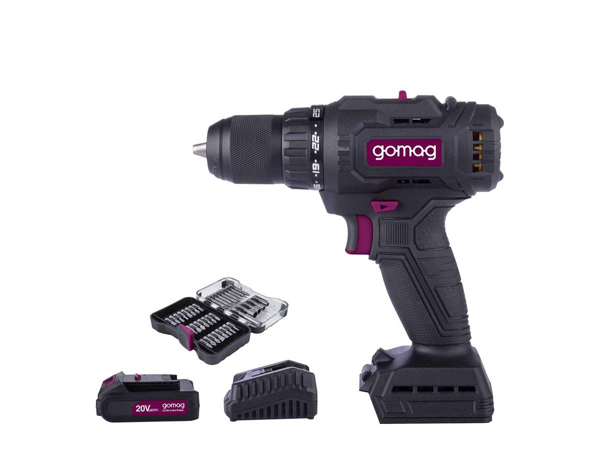 Gomag Akku-Bohrschrauber GO-BS60BL 2,0 Ah Starterkit, Bitschrauberset, 20 V, max. 1600 U/min, (Set, 4-tlg), mit 60 Nm