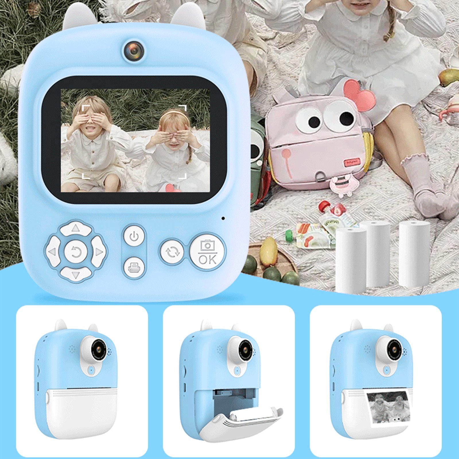 BlingBin 2,4 Zoll 1080P Kinder Kamera Sofortdruck Schwarzweiß Videokamera Sofortbildkamera (12 MP, 8x opt. Zoom, Live-Ansicht)