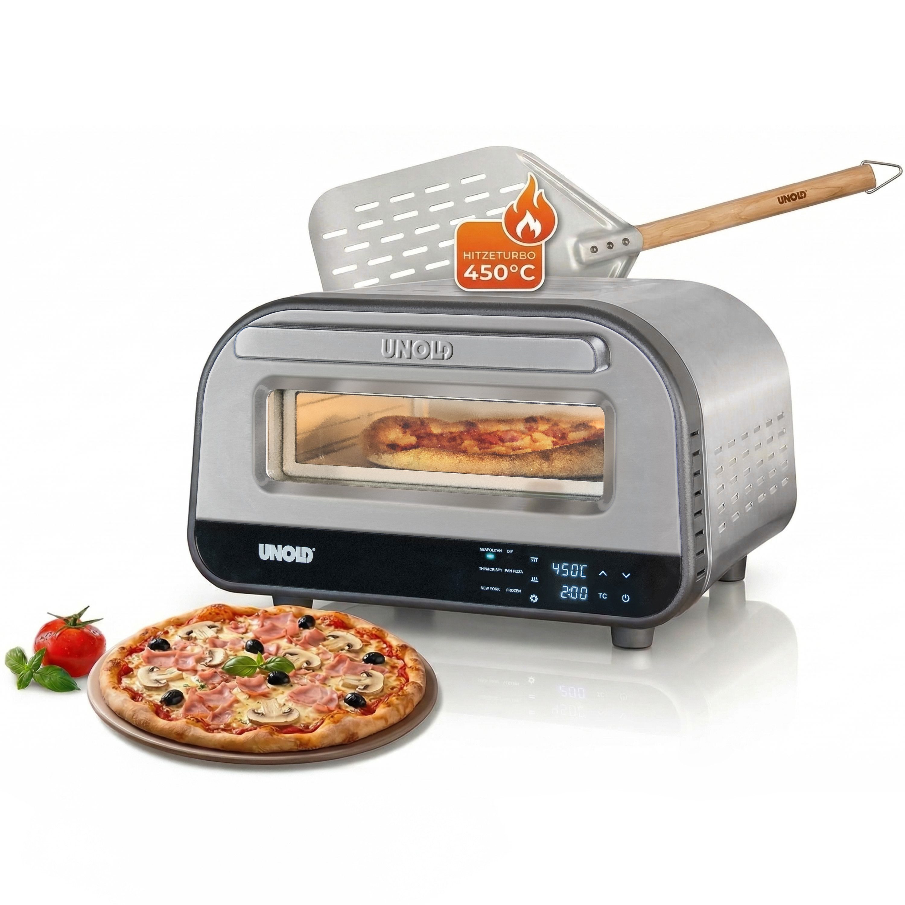 Unold Pizzaofen Bundle Luigi mit Pizzastein & Pizzaschieber Aluminium, Leistungsstarke bis zu 450 °C, Ober- und Unterhitze