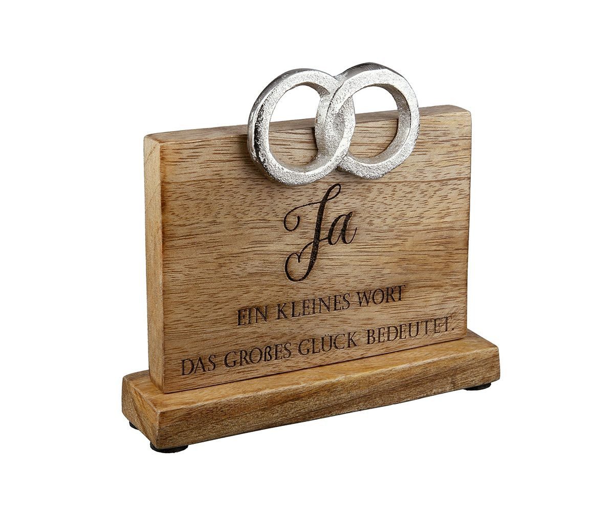 GILDE Dekoobjekt 44286-1 – Hochzeit „JA“ – Mangoholz & Aluminium – 15,5 cm