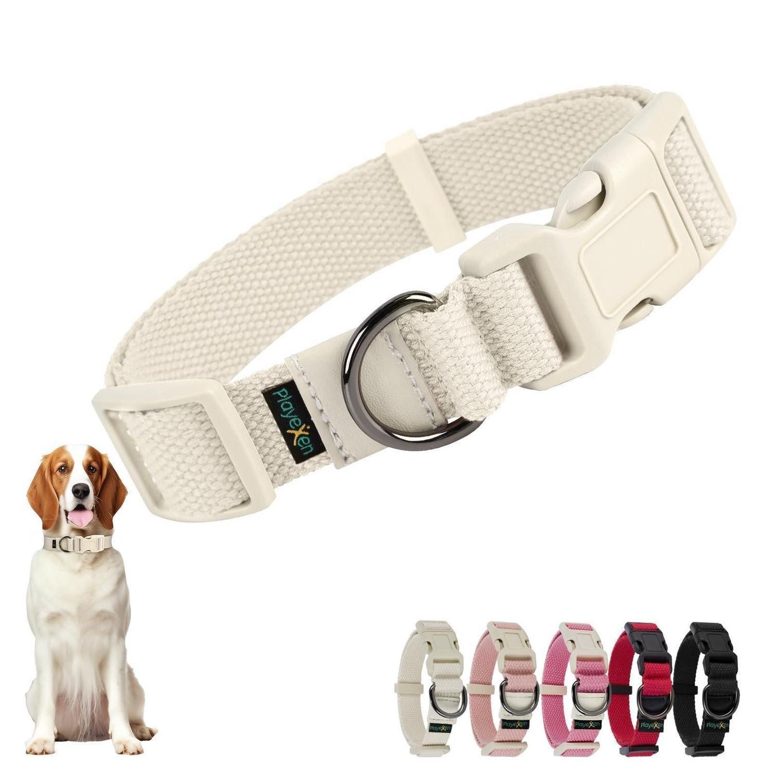 LuxusKollektion Hunde-Halsband Hundehalsband Baumwolle verstellbar M Beige, Textil