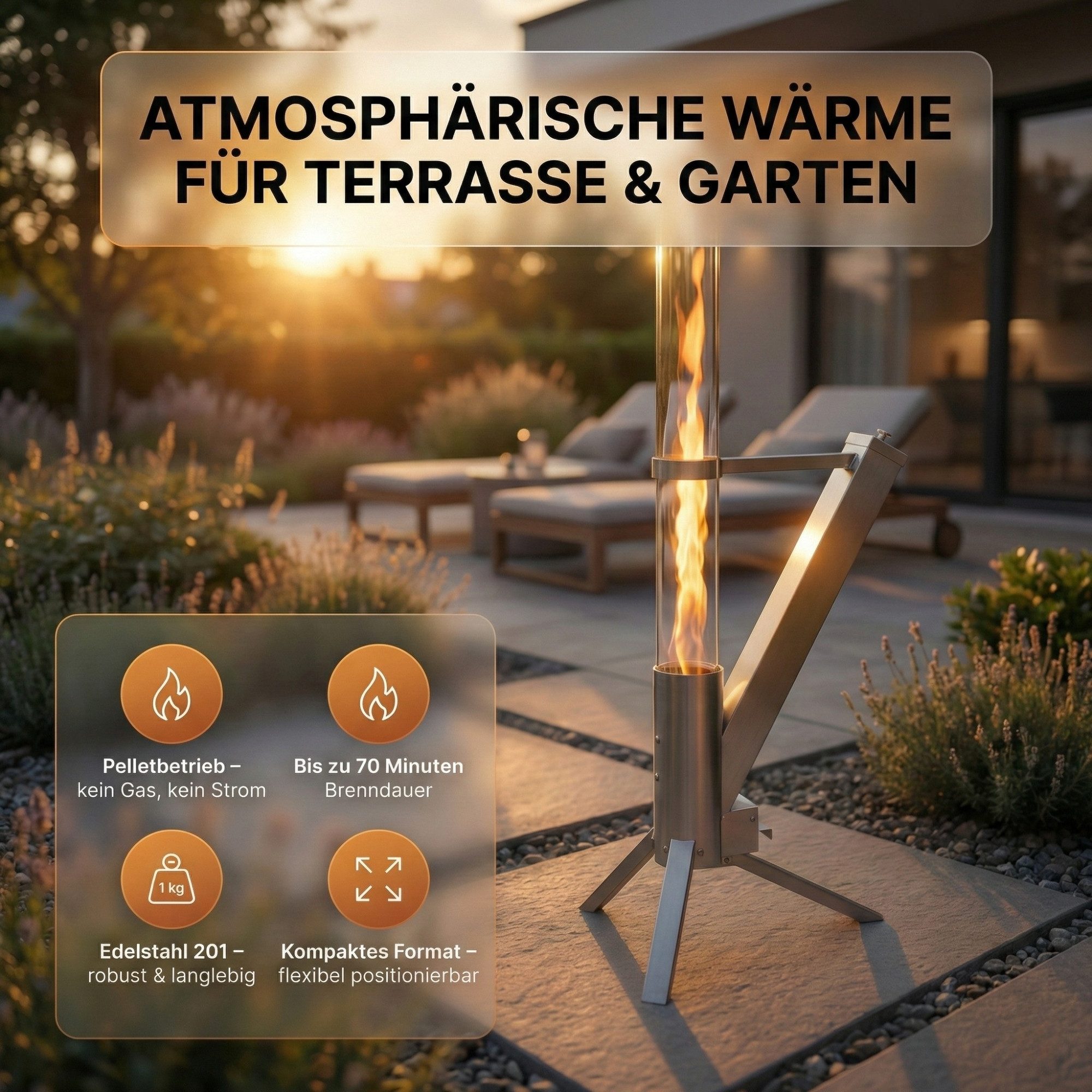 Albatros International Gartenkamin Pelletfackel Edelstahl mit Glasrohr Rocket Stove Outdoor, (inkl. Glasrohr und Standfuß), Rocket Stove System effiziente Verbrennung bis 70 Minuten