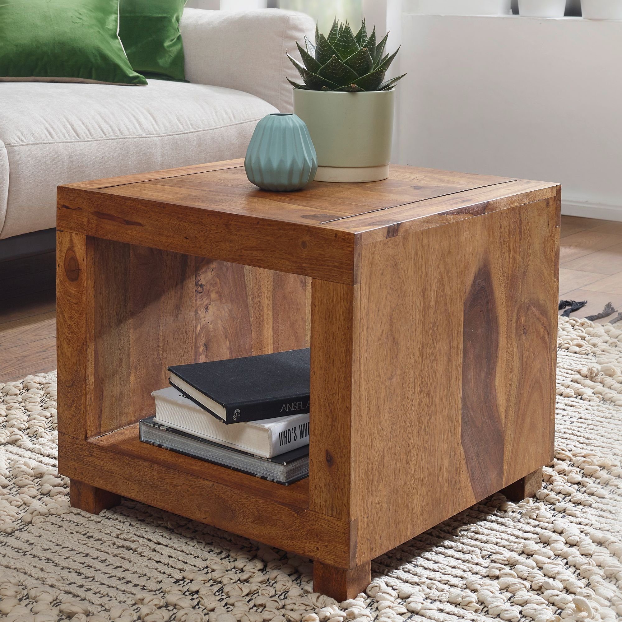 MUMBAI Massiv-Holz Couchtisch Beistelltisch Couchtisch Sheesham 50 Design Wohnzimmer-Tisch MUMBAI Landhaus-Stil cm breit, möbelando Sheesham 50 dunkel-braun cm breit Massiv-Holz Couchtisch