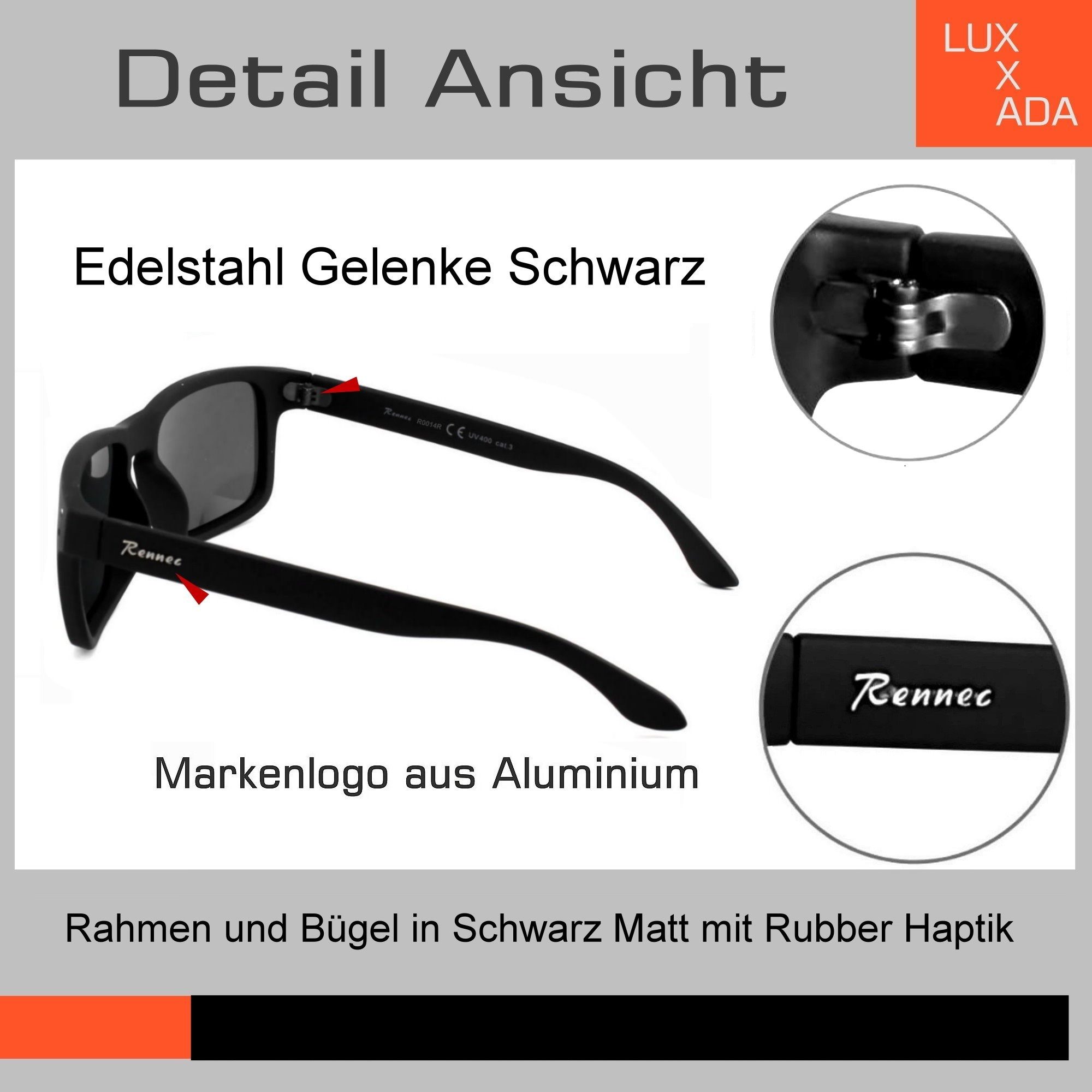 Rennec Sonnenbrille Herren Markenbrille Polarisiert Rechteckig mit Brillenbeutel Gläser Türkis Verspiegelt Markenschriftzug Stabile Bügelgelenke – Bild 4 von 5