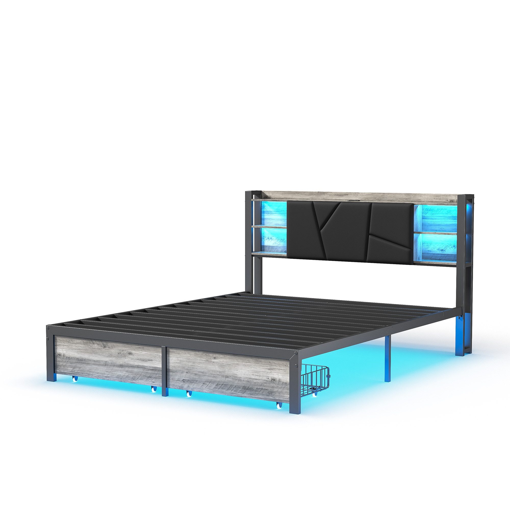 Simurq Bettgestell LED Doppelbett 160x200 cm mit USB & 2 Schubladen Stauraum (Set, 1-tlg) (Bettgestell 160x200 mit Lattenrost,Belastbar bis 350 kg), Jugendbett,Industriebett,Schubladenbett,Stauraumbett